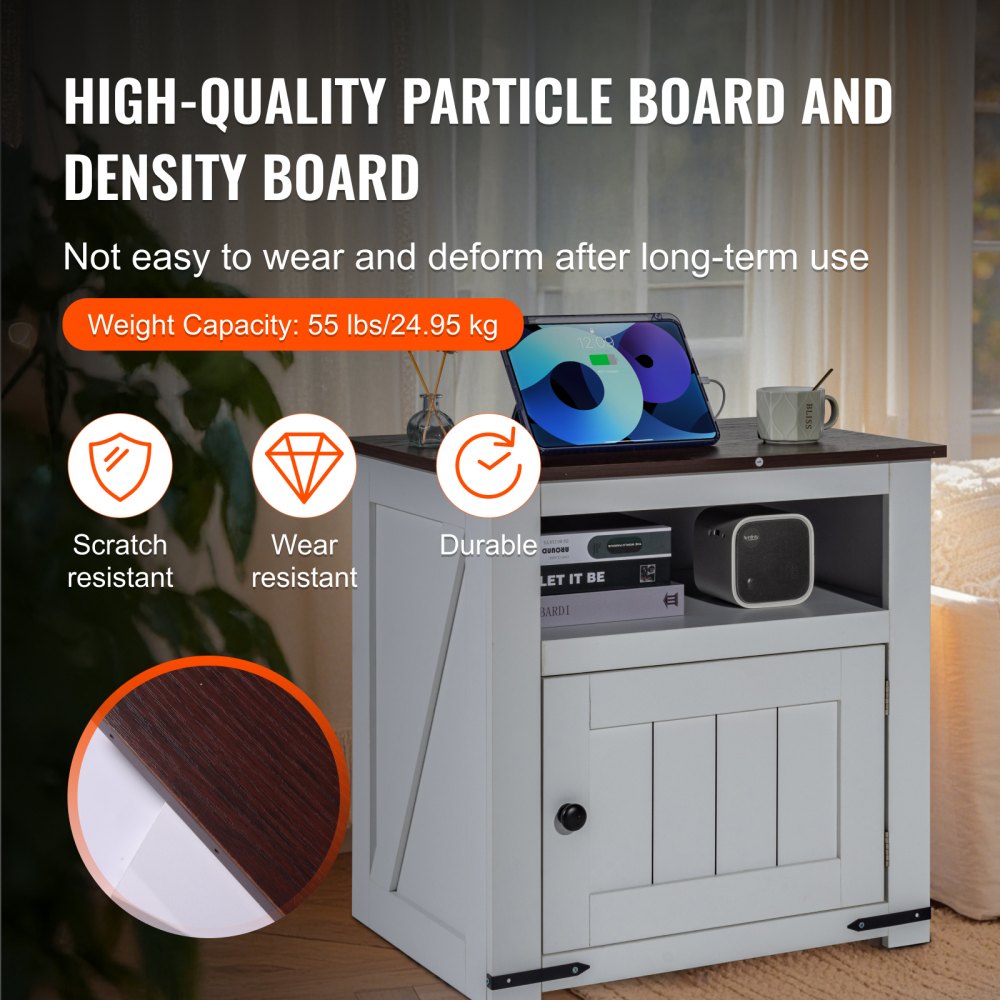 VEVOR Mesa Auxiliar Estilo Granja de 610 x 457 x 608 mm, Mesa de Noche Estrecha de 3 Niveles con Puertos USB, Tomas de Corriente, Armario de Almacenamiento para Sala de Estar, Oficina, Blanco