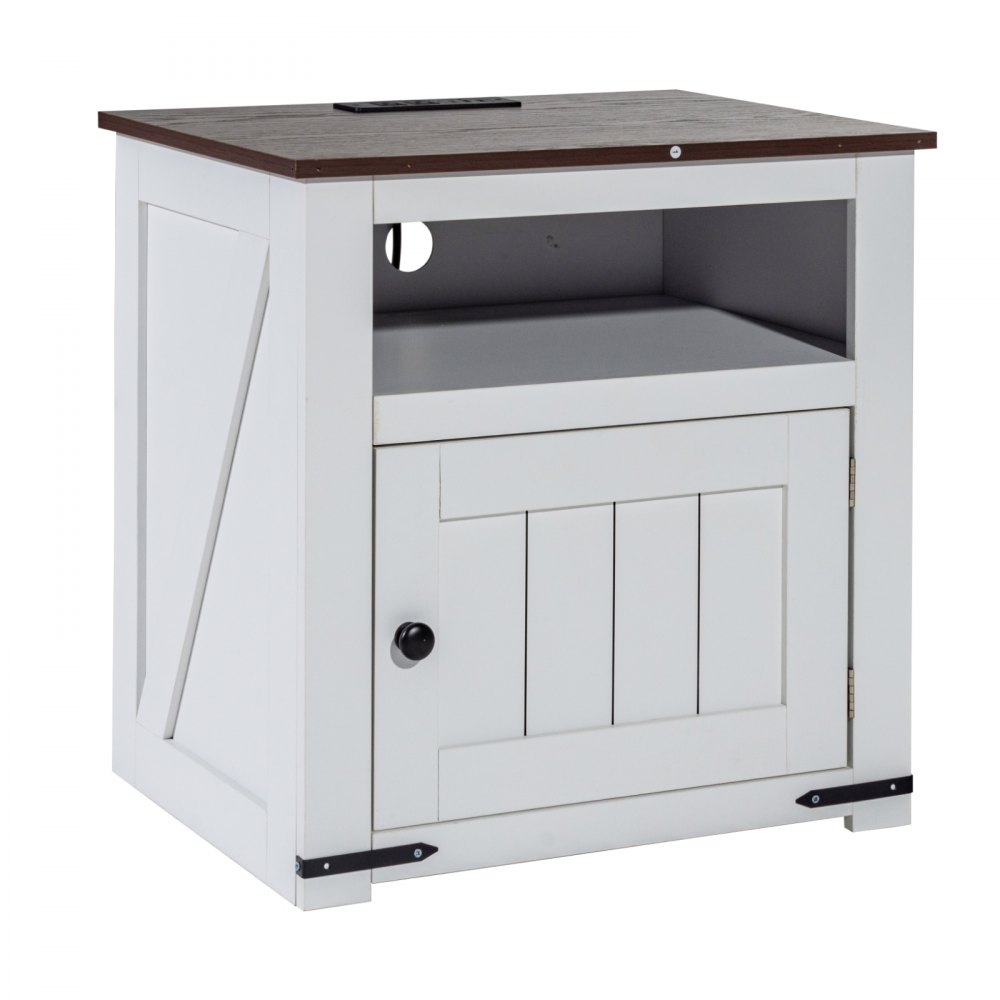 VEVOR Mesa Auxiliar Estilo Granja de 610 x 457 x 608 mm, Mesa de Noche Estrecha de 3 Niveles con Puertos USB, Tomas de Corriente, Armario de Almacenamiento para Sala de Estar, Oficina, Blanco