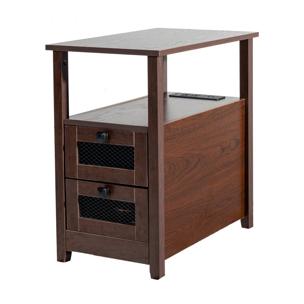 VEVOR Mesa Auxiliar Estilo Granja de 609 x 356 x 610 mm, Mesa de Noche Estrecha de 4 Niveles con Puertos USB, Tomas de Corriente, Armario de Almacenamiento y 2 Cajones para Sala de Estar, Marrón