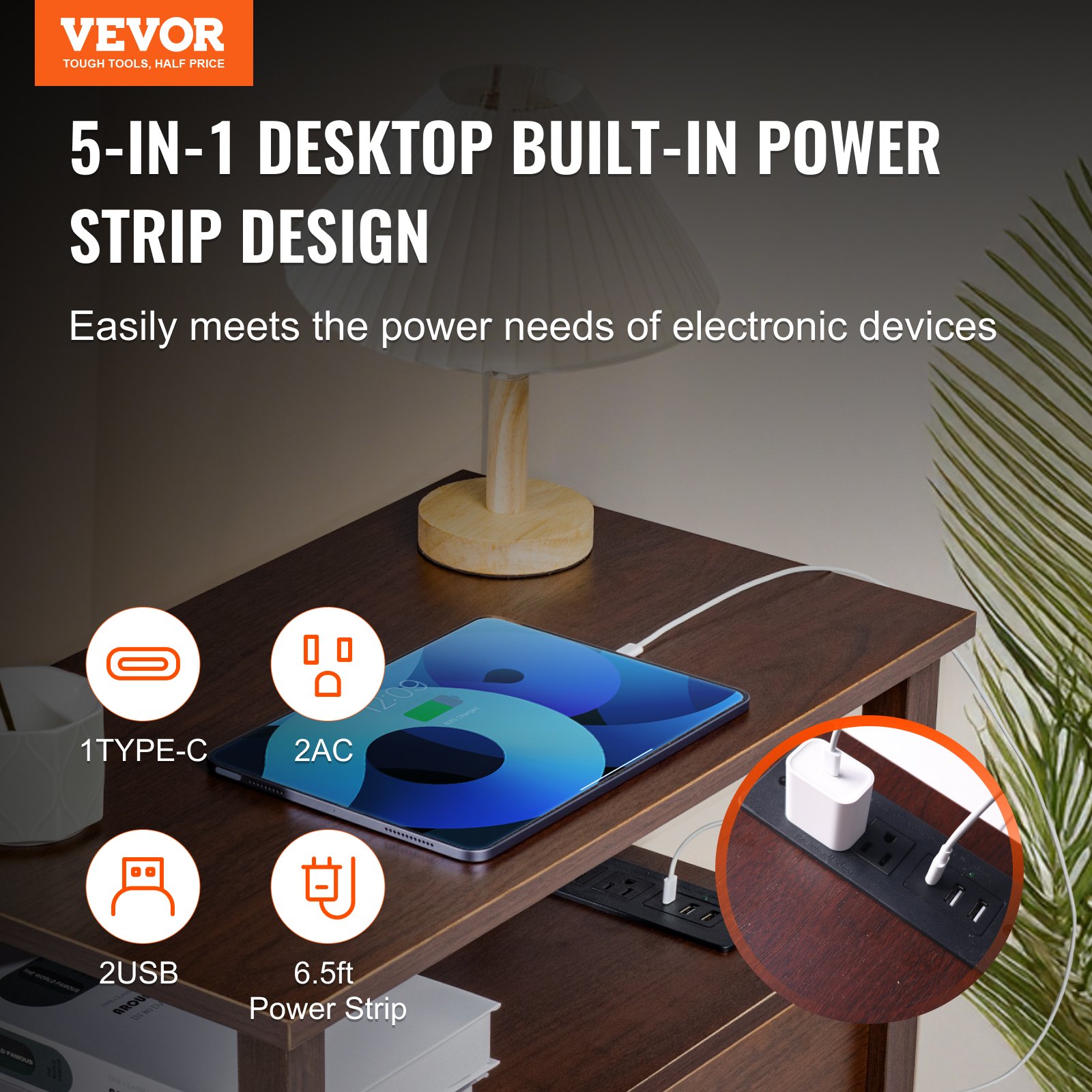 VEVOR Mesa Auxiliar Estilo Granja de 609 x 356 x 610 mm, Mesa de Noche Estrecha de 4 Niveles con Puertos USB, Tomas de Corriente, Armario de Almacenamiento y 2 Cajones para Sala de Estar, Marrón