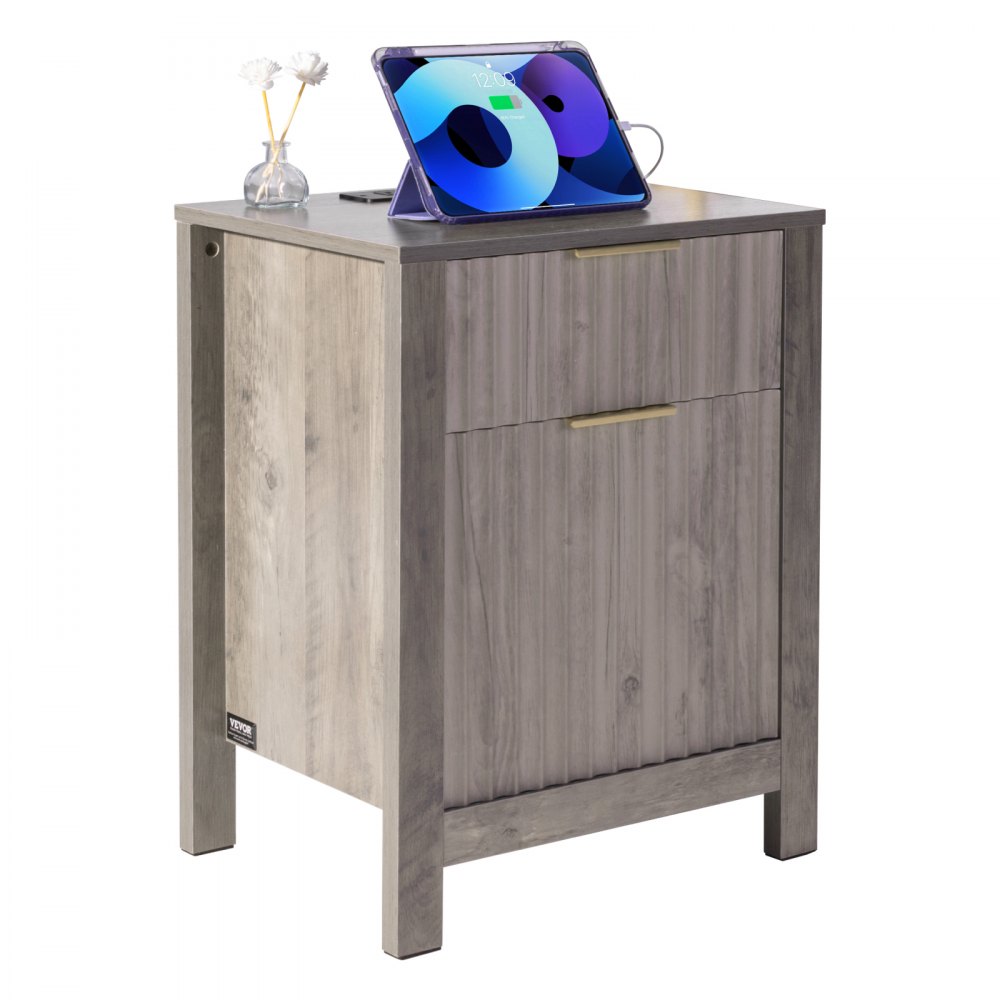 VEVOR 2 PCS Mesa Auxiliar Estilo Granja de 635 x 500 x 381 mm, Mesa de Noche Cuadrada de 3 Niveles con Puertos USB, Tomas de Corriente, Armario de Almacenamiento y 2 Cajones para Sala de Estar, Gris
