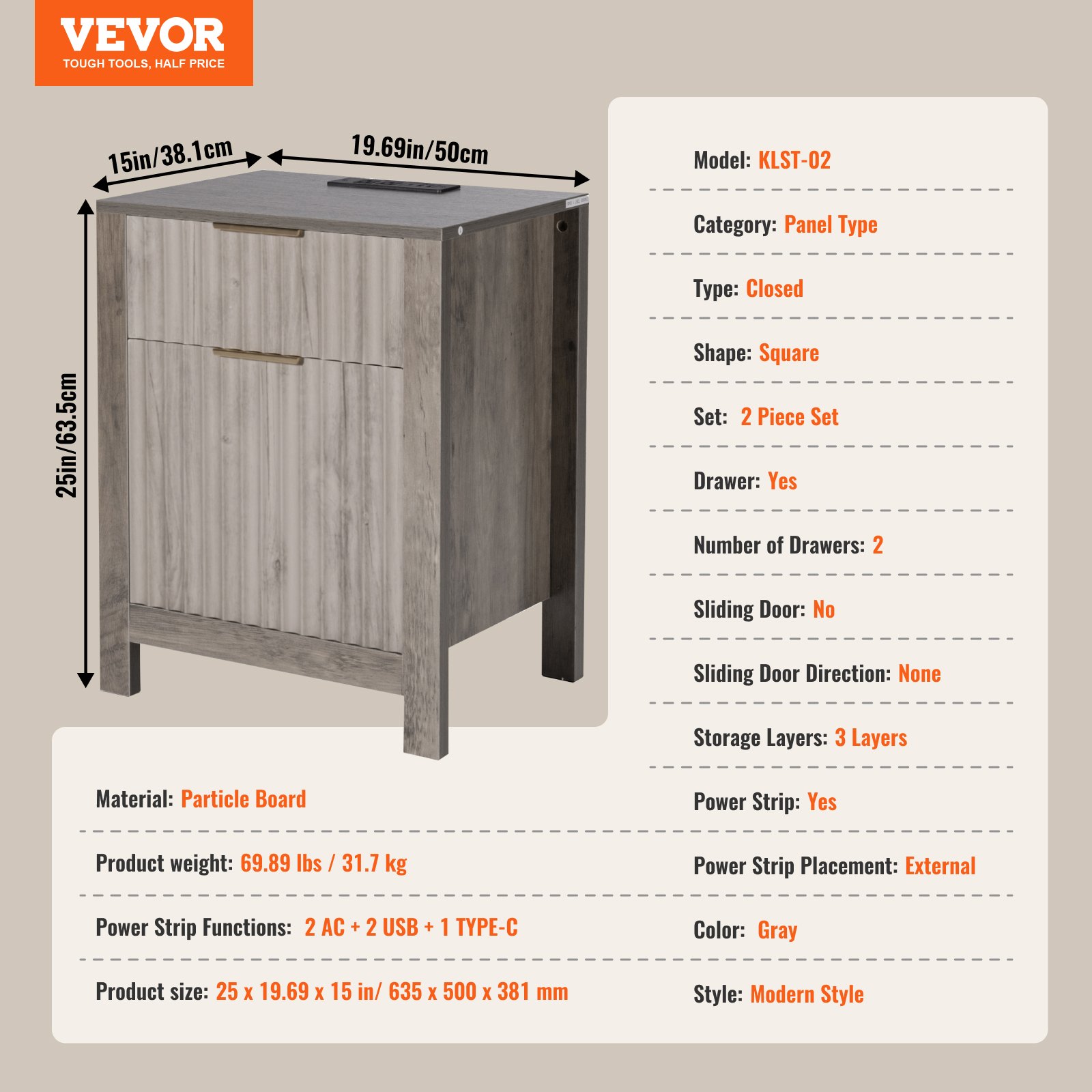 VEVOR 2 PCS Mesa Auxiliar Estilo Granja de 635 x 500 x 381 mm, Mesa de Noche Cuadrada de 3 Niveles con Puertos USB, Tomas de Corriente, Armario de Almacenamiento y 2 Cajones para Sala de Estar, Gris