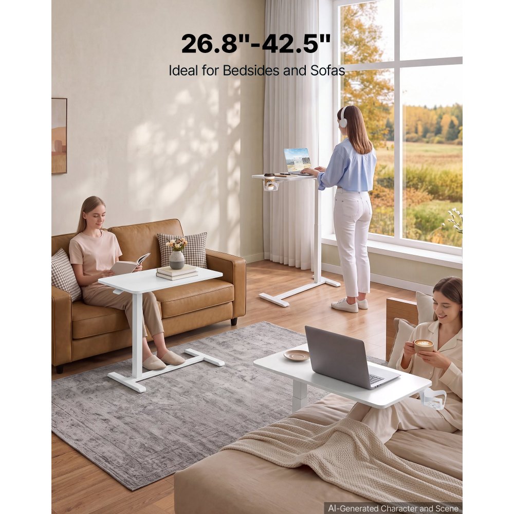 VEVOR Escritorio Elevable de Pie Móvil 800 x 400 mm Mesa Auxiliar Blanco, Estación de Trabajo para Hogar Oficina Sofá Cama, Altura Ajustable, Ruedas Escondidas, con Portavasos, Mesita para Laptop