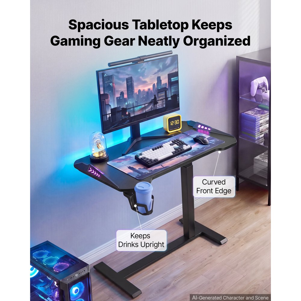 VEVOR Mesa Gaming 800 x 450 mm Escritorio Móvil de Pie para Ordenador Negro, Mesita Auxiliar para Cama Sofá Oficina Hogar, Altura Ajustable, Ruedas Escondidas, Portavasos, Iluminación RGB, Marco Metal