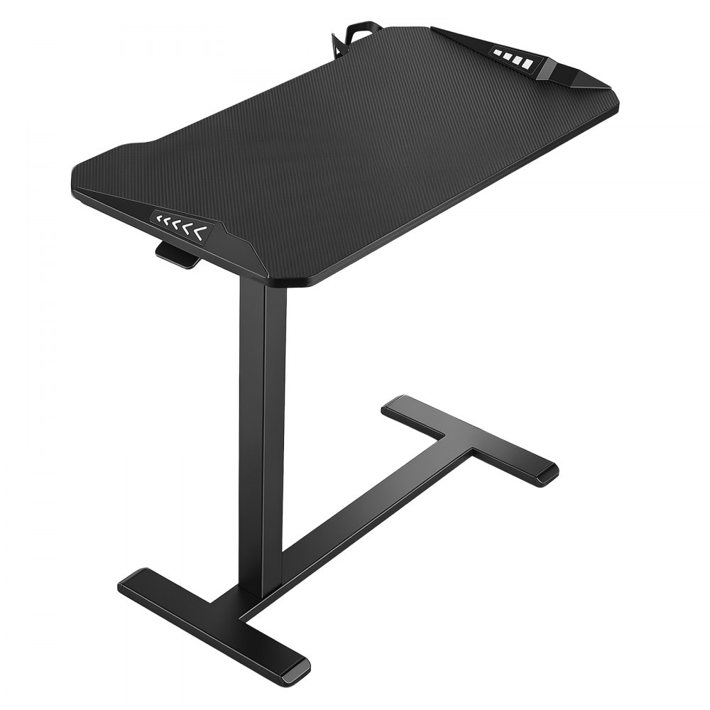VEVOR Mesa Gaming 800 x 450 mm Escritorio Móvil de Pie para Ordenador Negro, Mesita Auxiliar para Cama Sofá Oficina Hogar, Altura Ajustable, Ruedas Escondidas, Portavasos, Iluminación RGB, Marco Metal