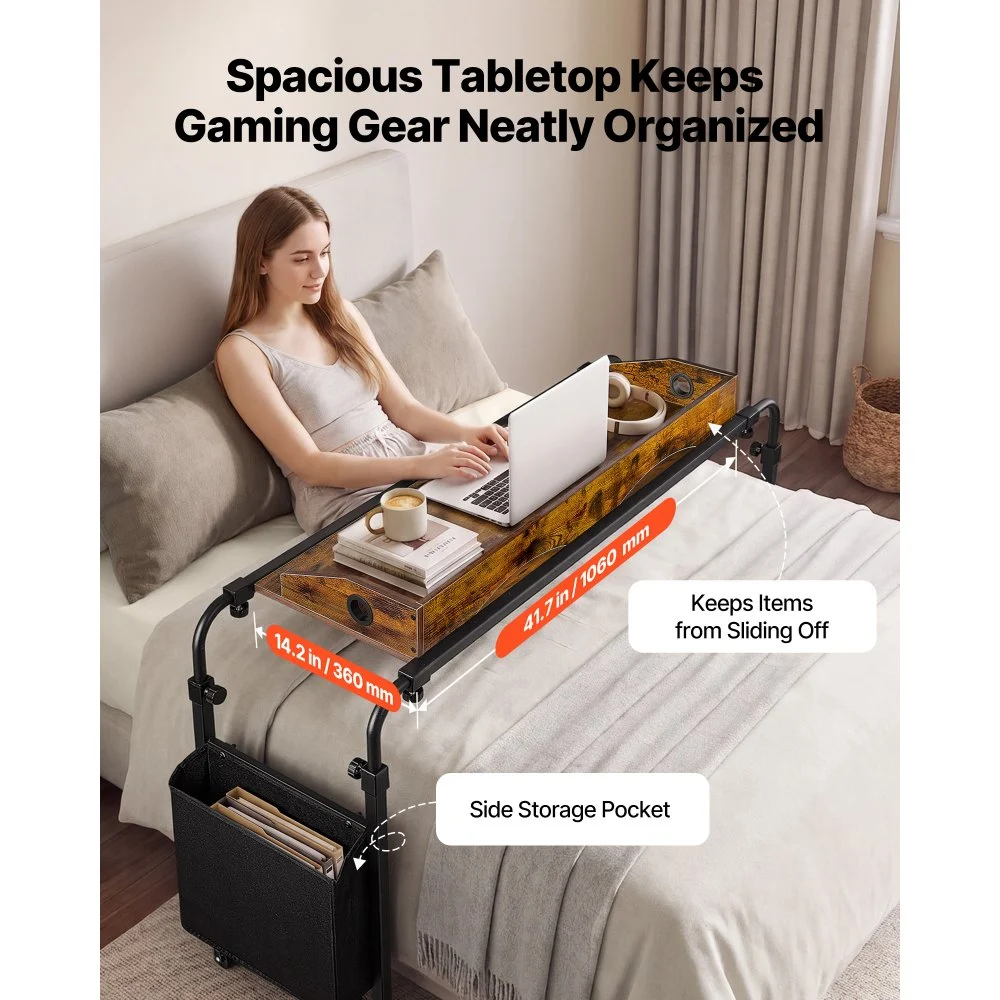 VEVOR Escritorio Móvil sobre la Cama con Ruedas 1060 x 360 mm Mesa de Cama, para Dormitorio Sala de Estar Oficina Hogar, Longitud y Altura Ajustables, con Bolsillo Lateral de Almacenamiento, Marrón