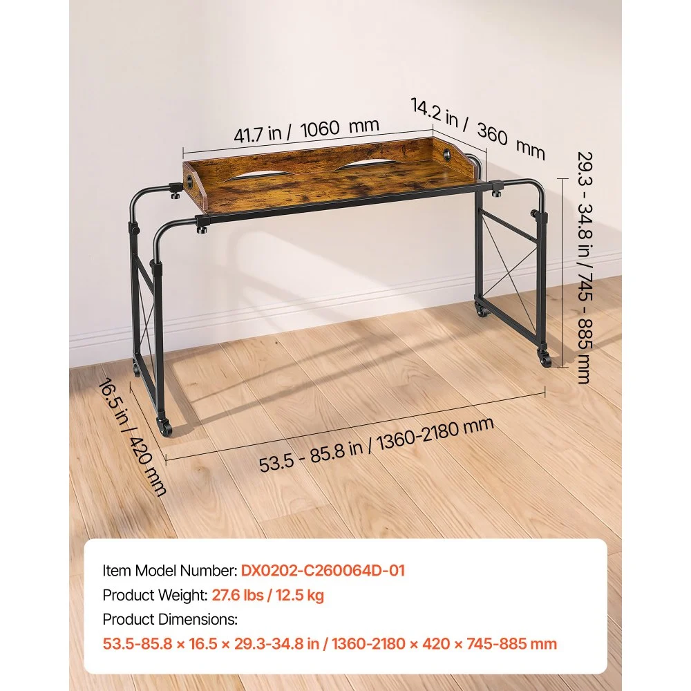 VEVOR Escritorio Móvil sobre la Cama con Ruedas 1060 x 360 mm Mesa de Cama, para Dormitorio Sala de Estar Oficina Hogar, Longitud y Altura Ajustables, con Bolsillo Lateral de Almacenamiento, Marrón