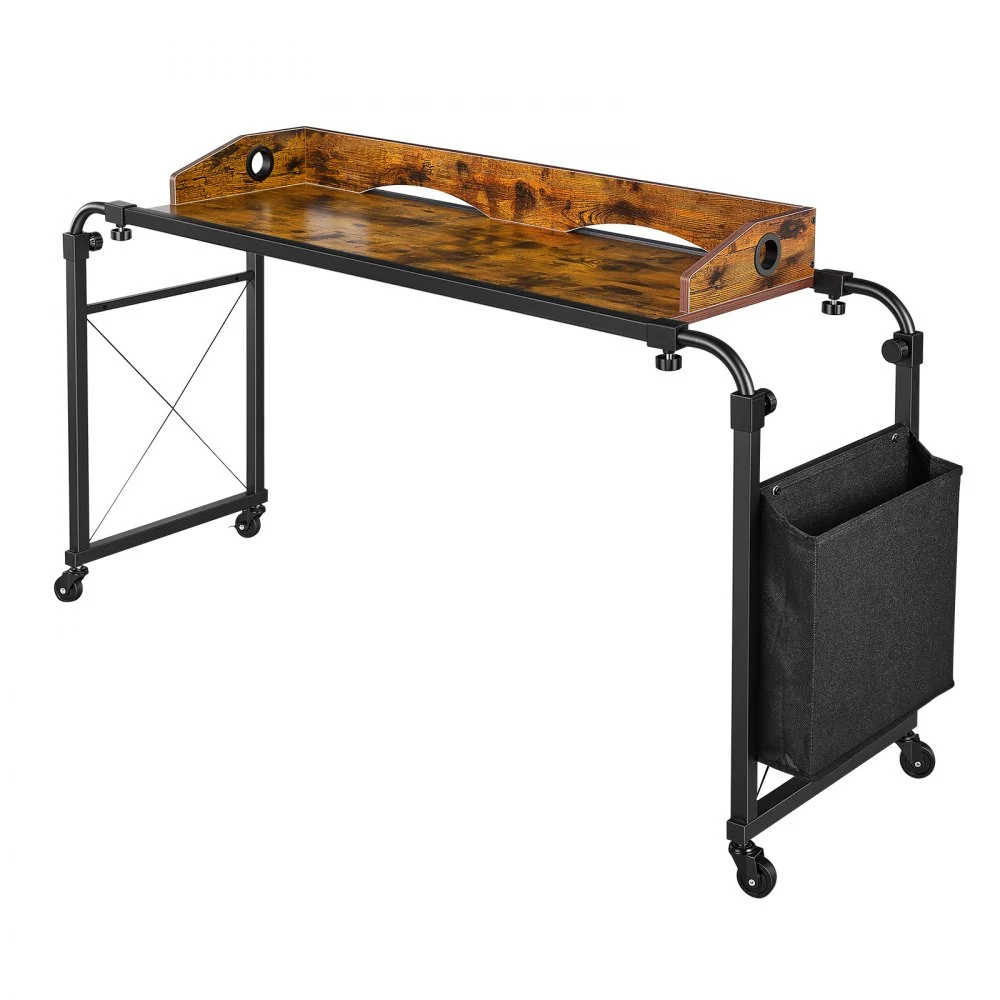 VEVOR Escritorio Móvil sobre la Cama con Ruedas 1060 x 360 mm Mesa de Cama, para Dormitorio Sala de Estar Oficina Hogar, Longitud y Altura Ajustables, con Bolsillo Lateral de Almacenamiento, Marrón
