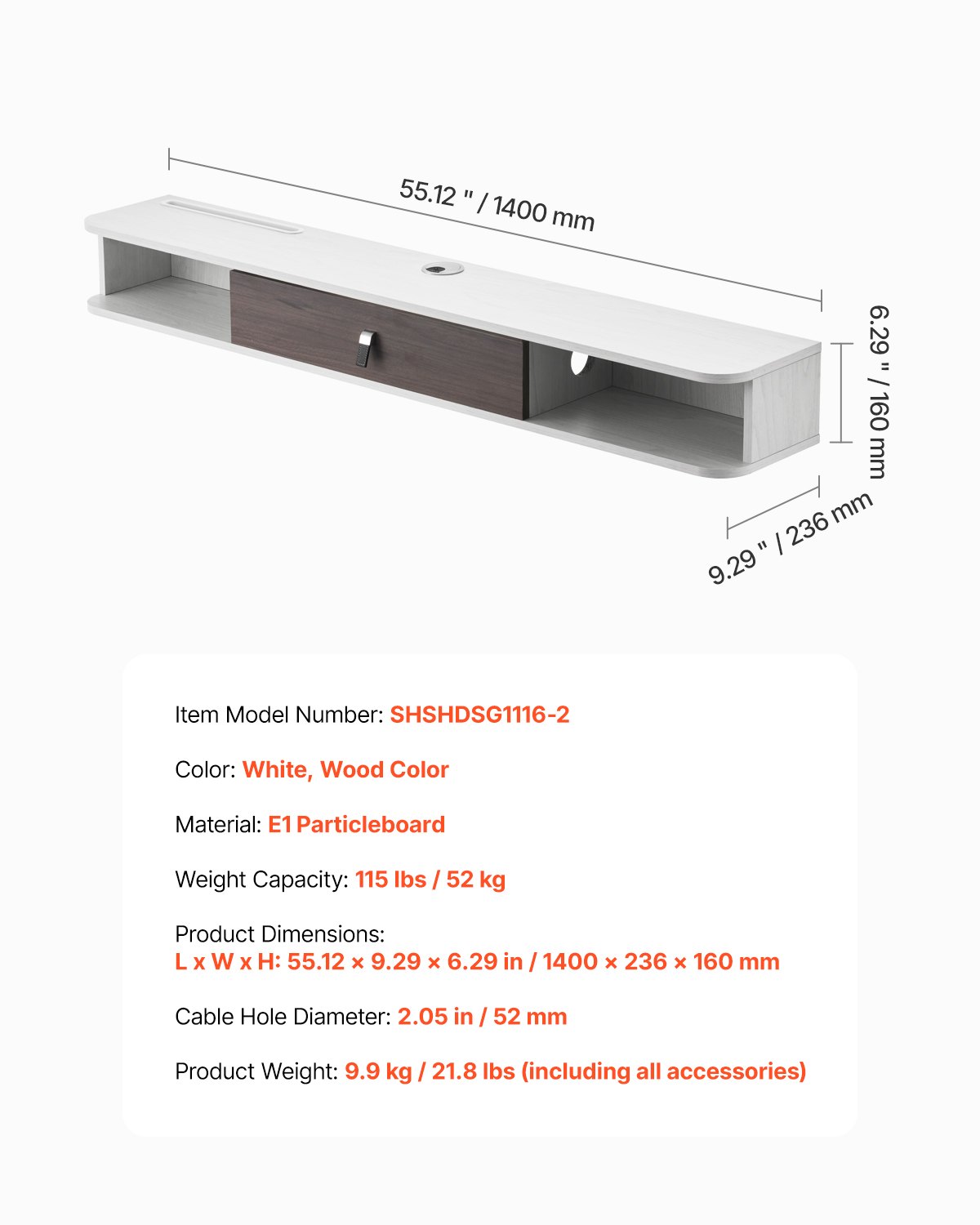 VEVOR TV cabinet, wall-mounted, TV cabinet with cable hole, floating TV shelf with storage space for DVD player, cable box, game console, wall cabinet, 52 kg load capacity, white, 140 cm length