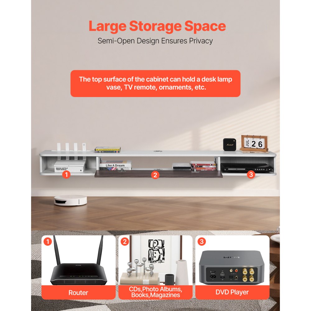 VEVOR TV cabinet, wall-mounted, TV cabinet with cable hole, floating TV shelf with storage space for DVD player, cable box, game console, wall cabinet, 52 kg load capacity, white, 180 cm length