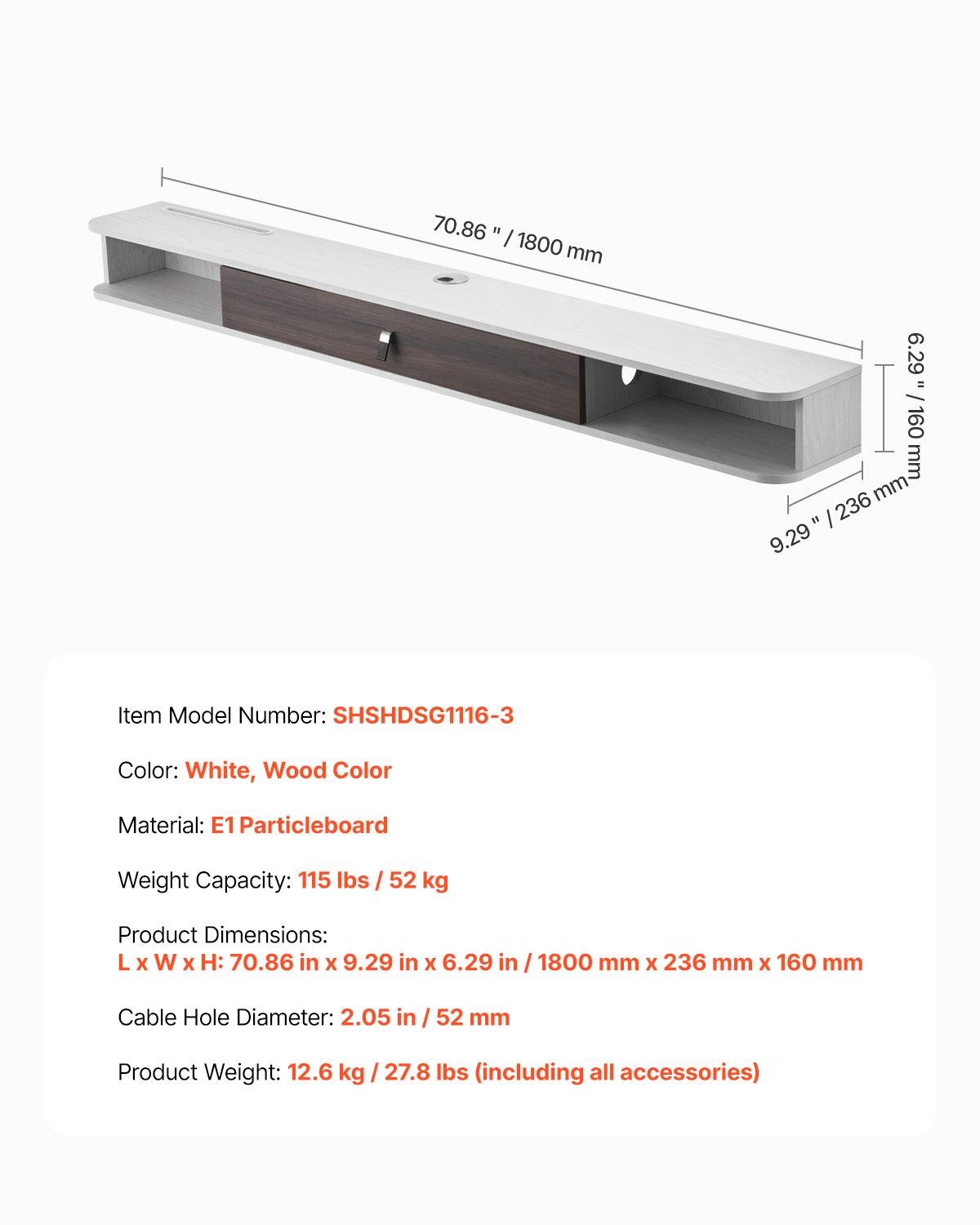 VEVOR TV cabinet, wall-mounted, TV cabinet with cable hole, floating TV shelf with storage space for DVD player, cable box, game console, wall cabinet, 52 kg load capacity, white, 180 cm length