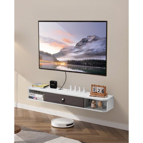 VEVOR Mueble de TV en la Pared, Estante Flotante para TV 1200 x 236 x 160 mm con Orificio para Cable, Armario de Pared para Reproductor de DVD, Decodificador de Cable, Carga de 52 kg, Blanco