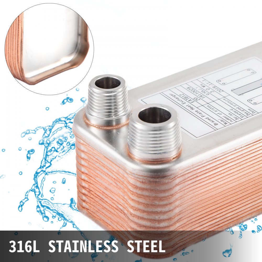 Intercambiador De Calor De 20 Placas Soldadas 1/2 "y 3/4" Mnpt Para Calefacción