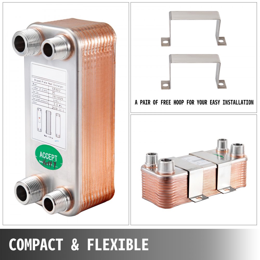 Intercambiador De Calor De 20 Placas Soldadas 1/2 "y 3/4" Mnpt Para Calefacción