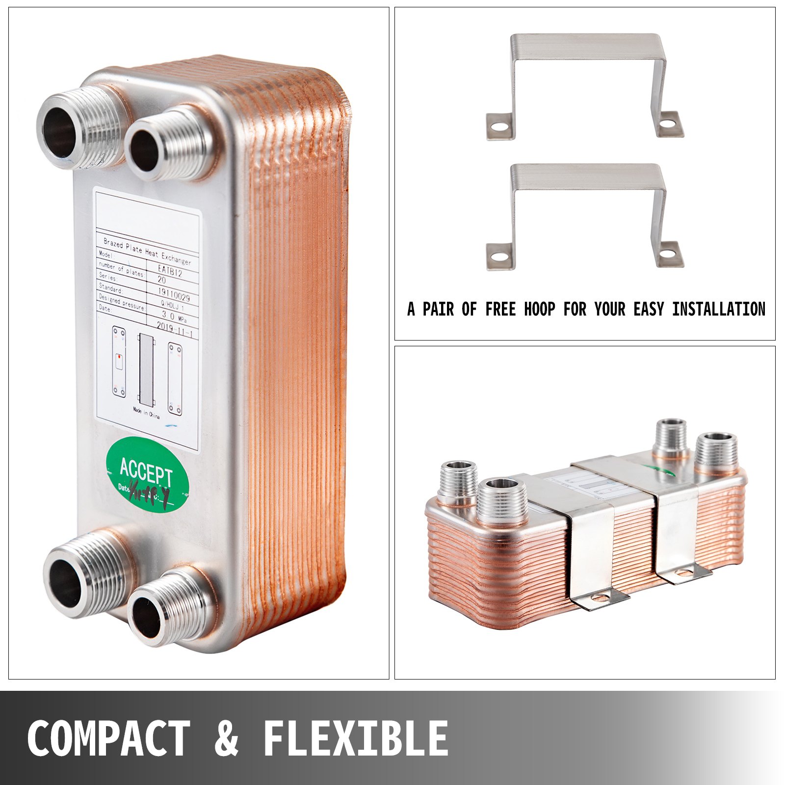 Intercambiador De Calor De 20 Placas Soldadas 1/2 "y 3/4" Mnpt Para Calefacción