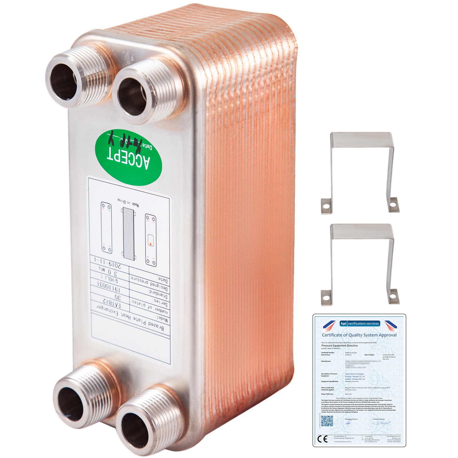 VEVOR Intercambiador de Calor 30 Placas Intercambiador Calor Térmico 10 " x 5 " x 6 " Acero Inoxidable 316L Termocambiador Placas Adecuado para Industria HVAC/Láctea/Alimentos/Bebida /Refrigeración