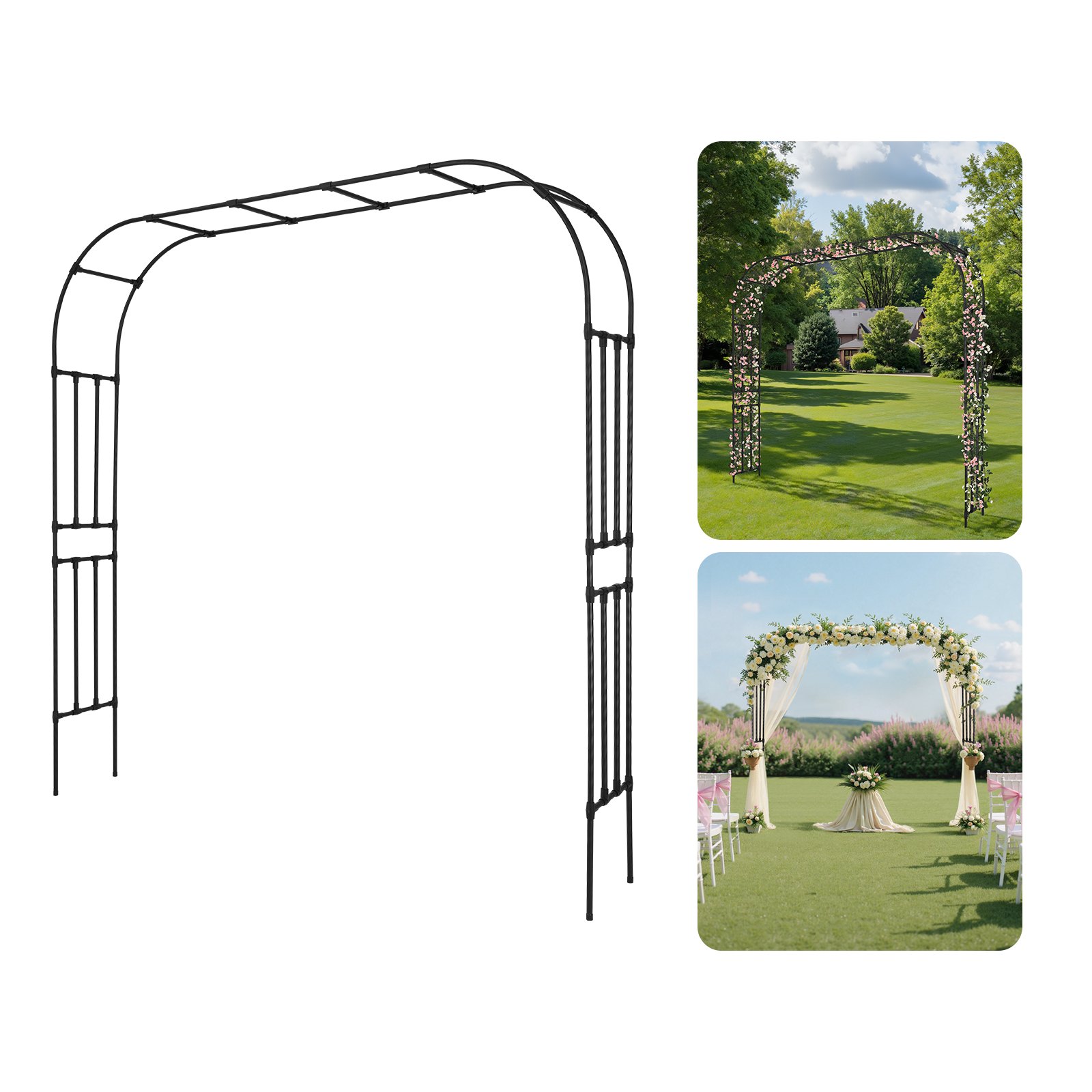VEVOR Garden Arbor, 2.4 (H) x  2.5 (W) x 0.4 (D) m Metal Archway, Sturdy Outdoor Trellis Arch with Stakes, Easy to Assemble, Pergola Arbor for Plant Climbing Yard Lawn Wedding Party Decoration