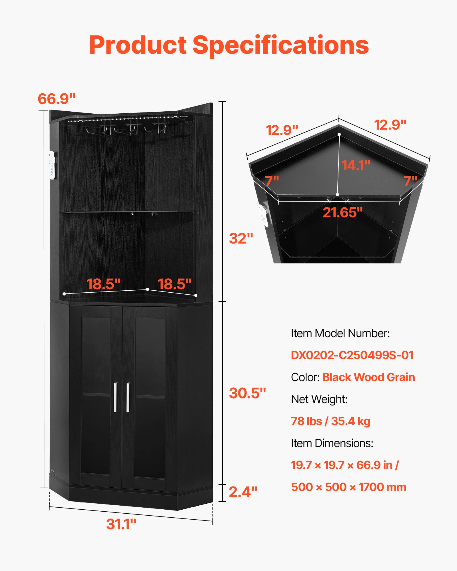 VEVOR Armario de Vino Esquinero 50 x 50 x 170 cm, Mueble Bar de Esquina con Espacio de Almacenamiento, Soporte para Copas, Brillo LED Ajustable, Correa Antivuelco, para Cocina, Sala de Estar, Negro