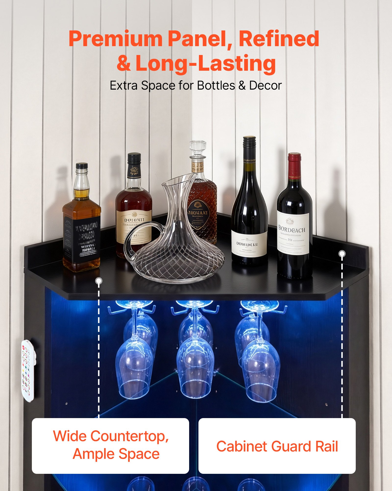 VEVOR Armario de Vino Esquinero 50 x 50 x 170 cm, Mueble Bar de Esquina con Espacio de Almacenamiento, Soporte para Copas, Brillo LED Ajustable, Correa Antivuelco, para Cocina, Sala de Estar, Negro