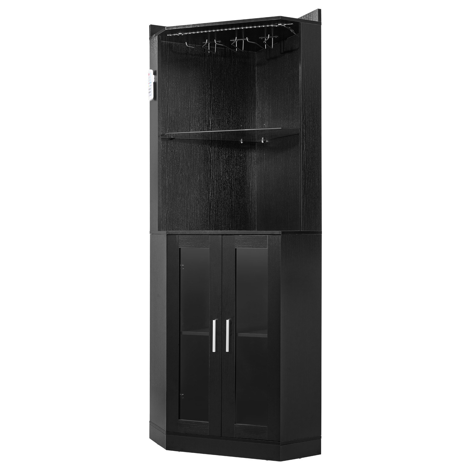 VEVOR Armario de Vino Esquinero 50 x 50 x 170 cm, Mueble Bar de Esquina con Espacio de Almacenamiento, Soporte para Copas, Brillo LED Ajustable, Correa Antivuelco, para Cocina, Sala de Estar, Negro