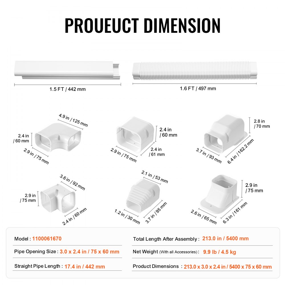VEVOR Cubierta de Línea Dividida Ancho de 75 mm Largo de 5400 mm Cubierta Decorativa de PVC para Conductos de Aire Acondicionado con 10 Conductos Rectos Pintable para Bombas de Calor, Color de Blanco