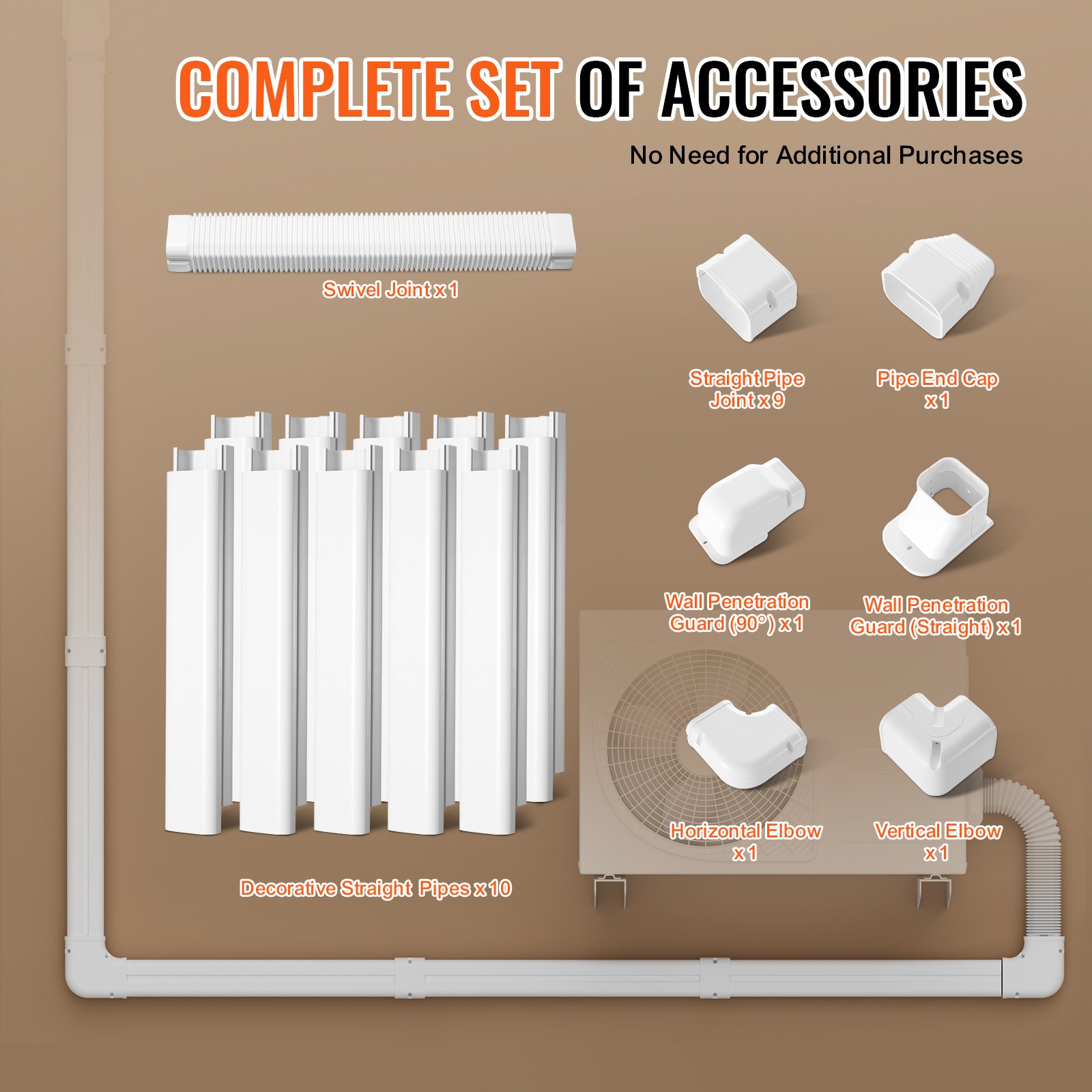 VEVOR Cubierta de Línea Dividida Ancho de 75 mm Largo de 5400 mm Cubierta Decorativa de PVC para Conductos de Aire Acondicionado con 10 Conductos Rectos Pintable para Bombas de Calor, Color de Blanco