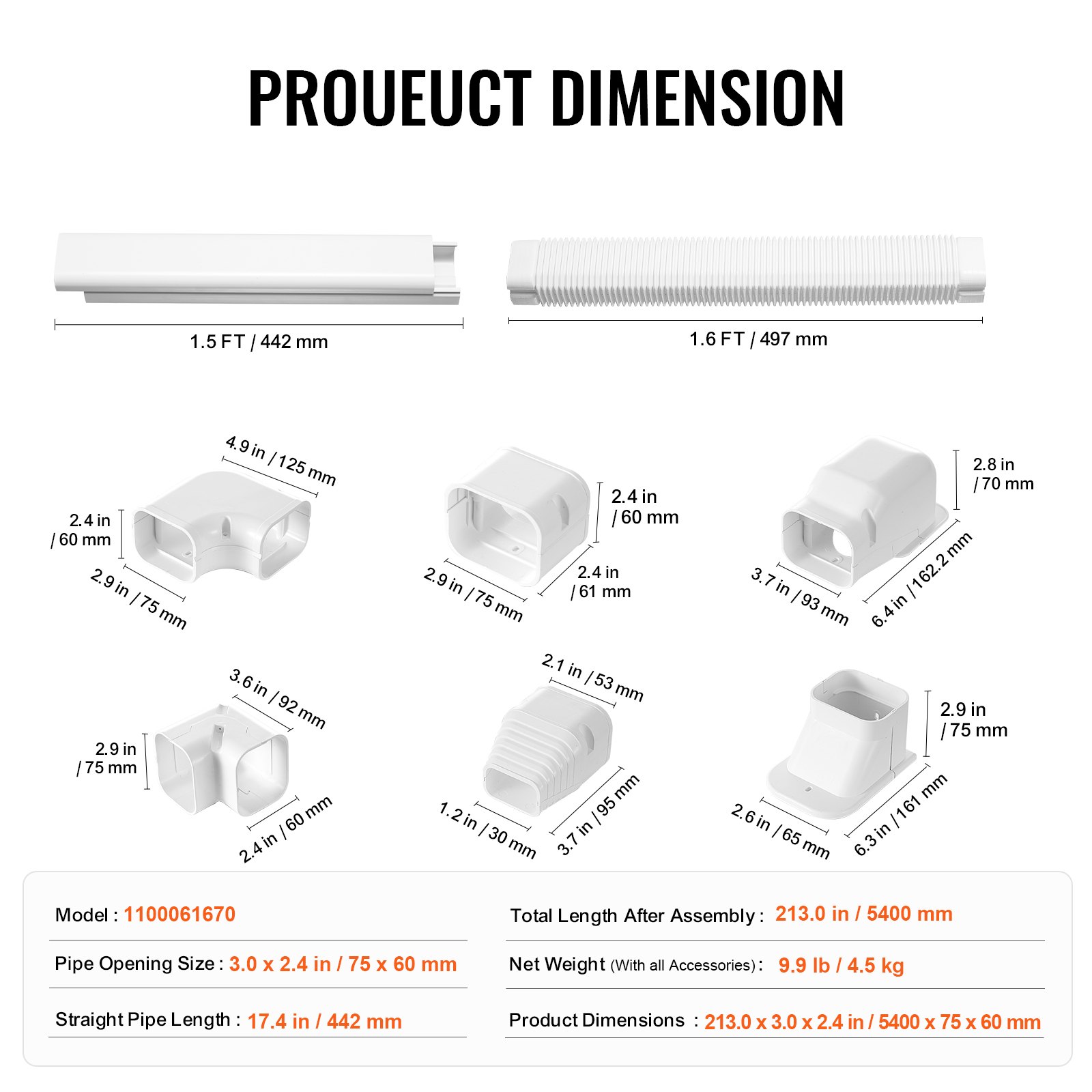 VEVOR Cubierta de Línea Dividida Ancho de 75 mm Largo de 5400 mm Cubierta Decorativa de PVC para Conductos de Aire Acondicionado con 10 Conductos Rectos Pintable para Bombas de Calor, Color de Blanco