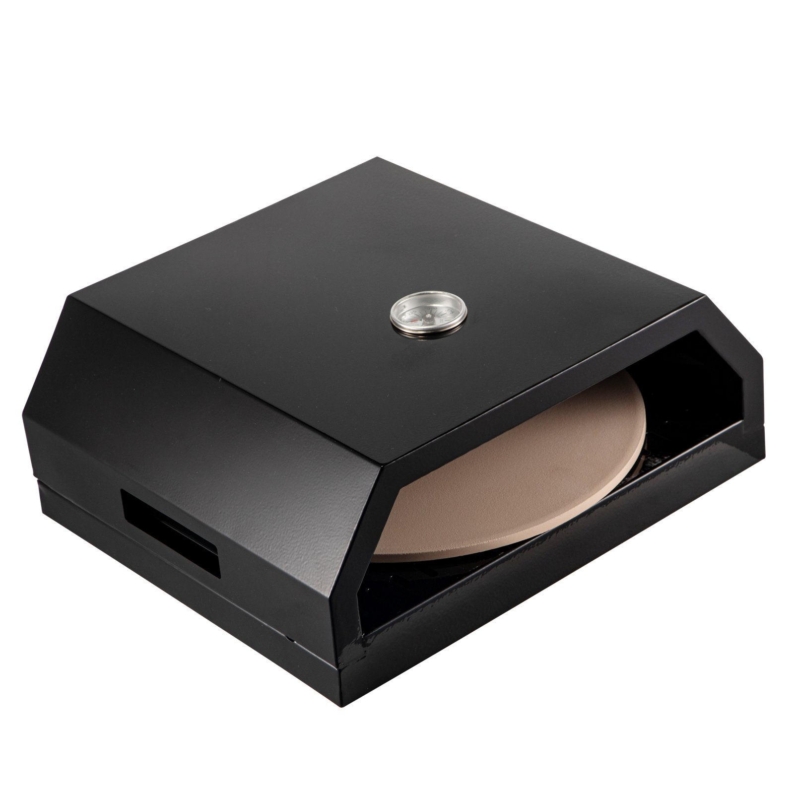 Kit de horno de pizza VEVOR negro con termómetro y piedra para pizza visible.