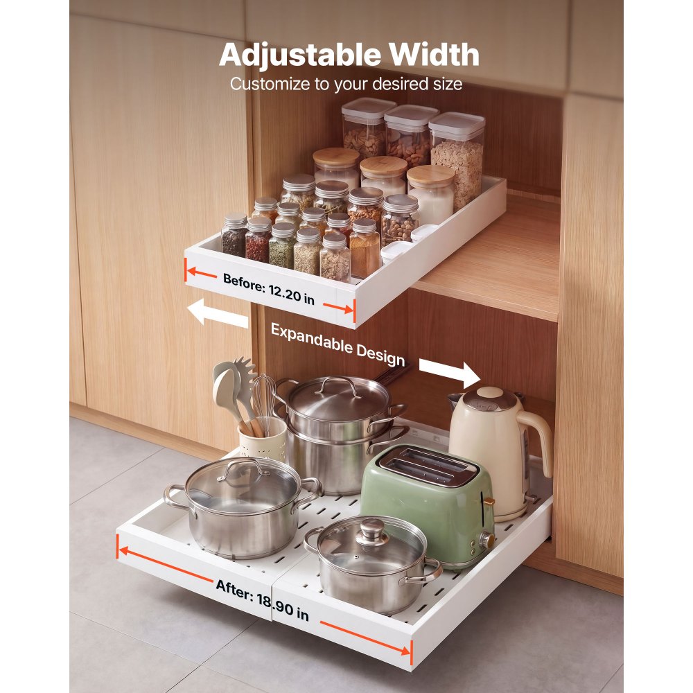 VEVOR Cajón Extraíble para Armario de Cocina 2 PCs Cajón Telescópico Blanco, Ancho Expandible de 31-48 cm, Profundidad de 52 cm, Carga 9 kg por Nivel, Con Tiras Adhesivas Nano, Para Despensa de Cocina