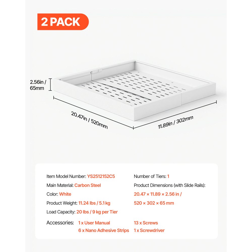 VEVOR Cajón Extraíble para Armario de Cocina 2 PCs Cajón Telescópico Blanco, Ancho Expandible de 31-48 cm, Profundidad de 52 cm, Carga 9 kg por Nivel, Con Tiras Adhesivas Nano, Para Despensa de Cocina