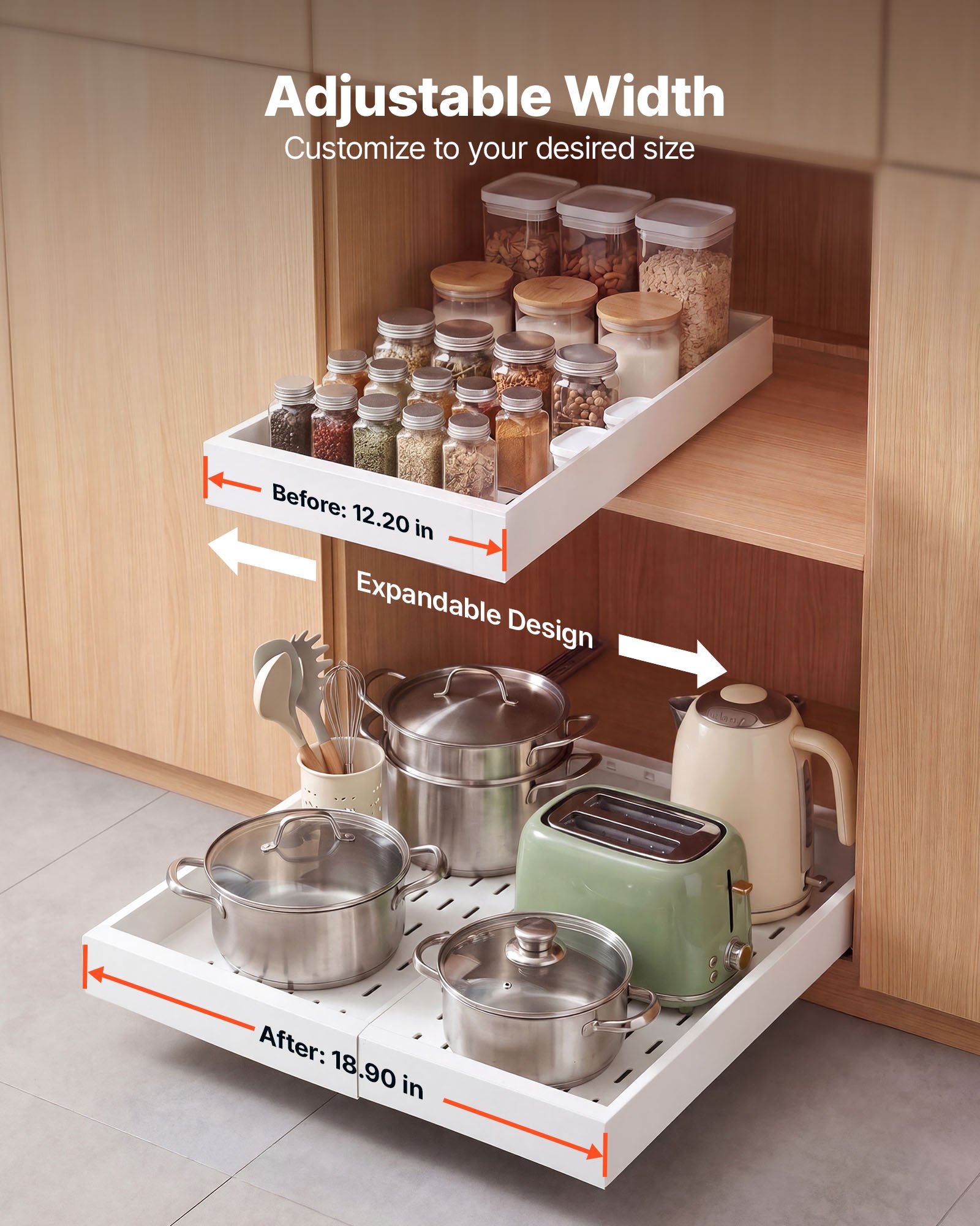 VEVOR Cajón Extraíble para Armario de Cocina 2 PCs Cajón Telescópico Blanco, Ancho Expandible de 31-48 cm, Profundidad de 52 cm, Carga 9 kg por Nivel, Con Tiras Adhesivas Nano, Para Despensa de Cocina