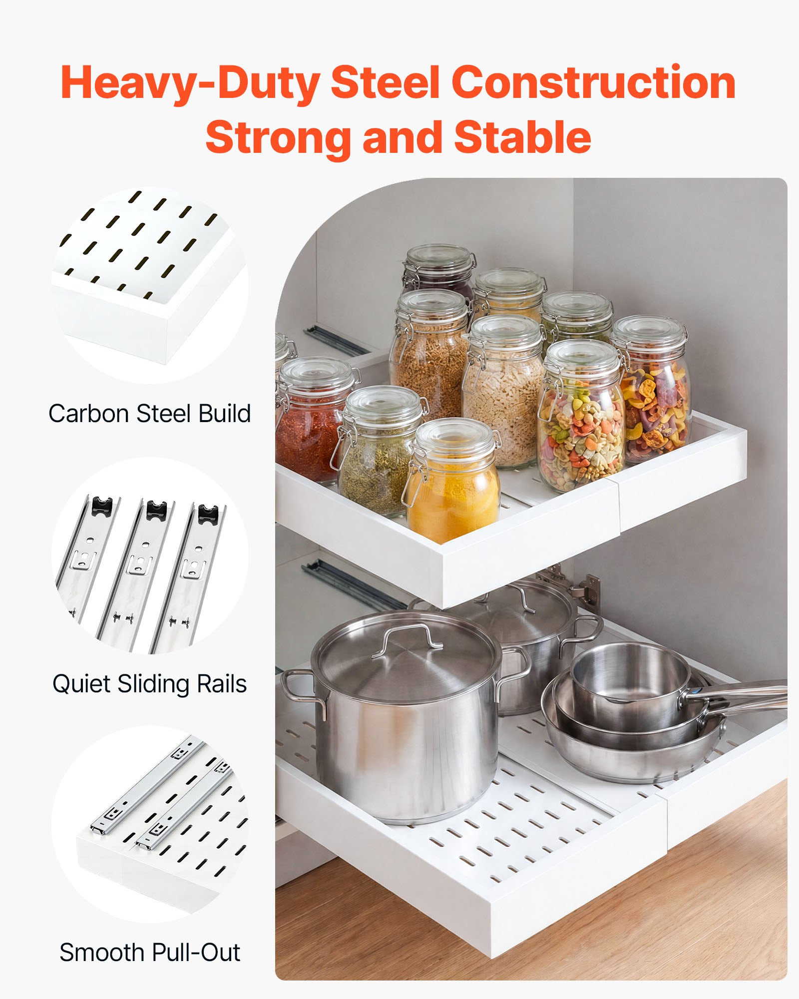 VEVOR Cajón Extraíble para Armario de Cocina 2 PCs Cajón Telescópico Blanco, Ancho Expandible de 31-48 cm, Profundidad de 52 cm, Carga 9 kg por Nivel, Con Tiras Adhesivas Nano, Para Despensa de Cocina