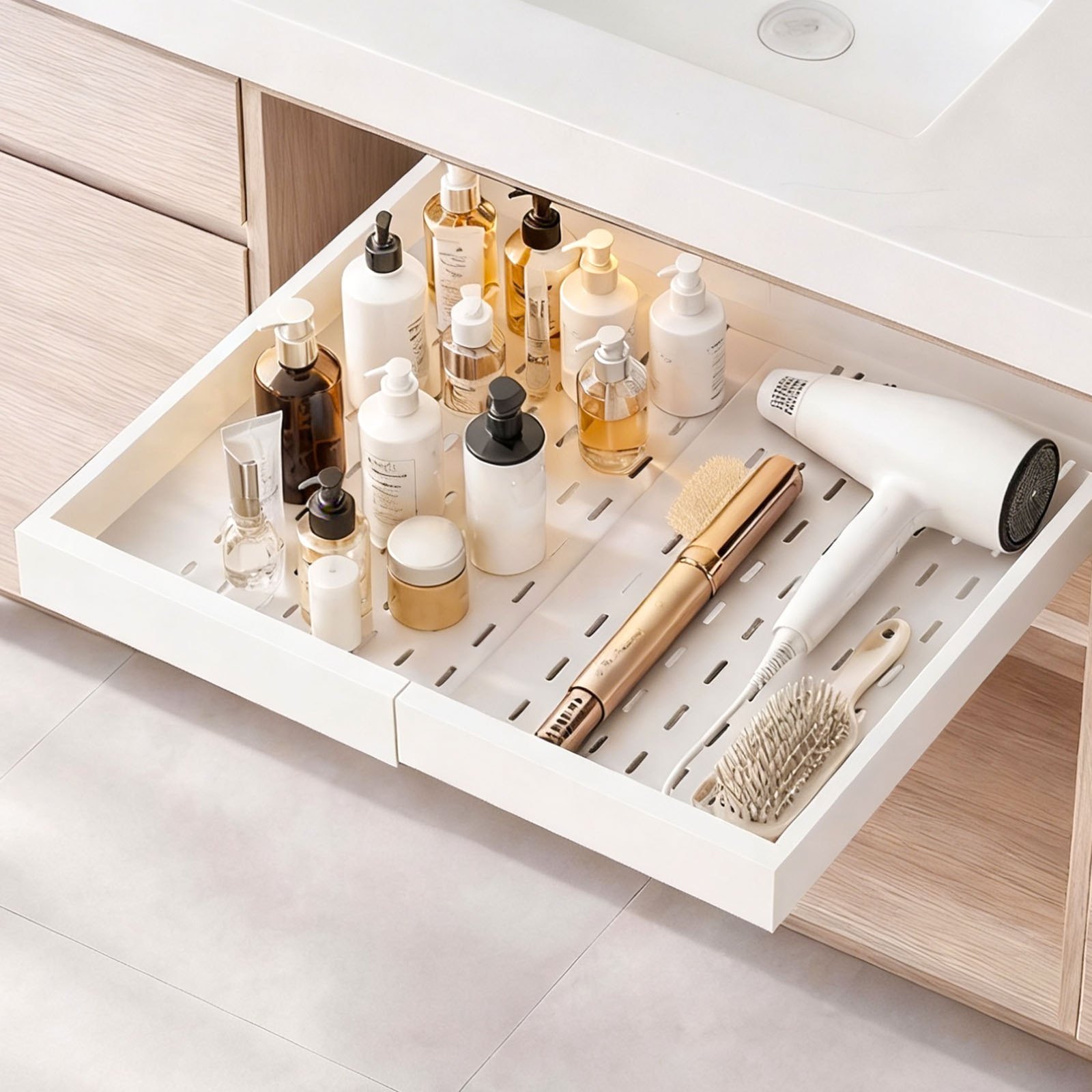 VEVOR Cajón Extraíble para Armario de Cocina 2 PCs Cajón Telescópico Blanco, Ancho Expandible de 31-48 cm, Profundidad de 52 cm, Carga 9 kg por Nivel, Con Tiras Adhesivas Nano, Para Despensa de Cocina