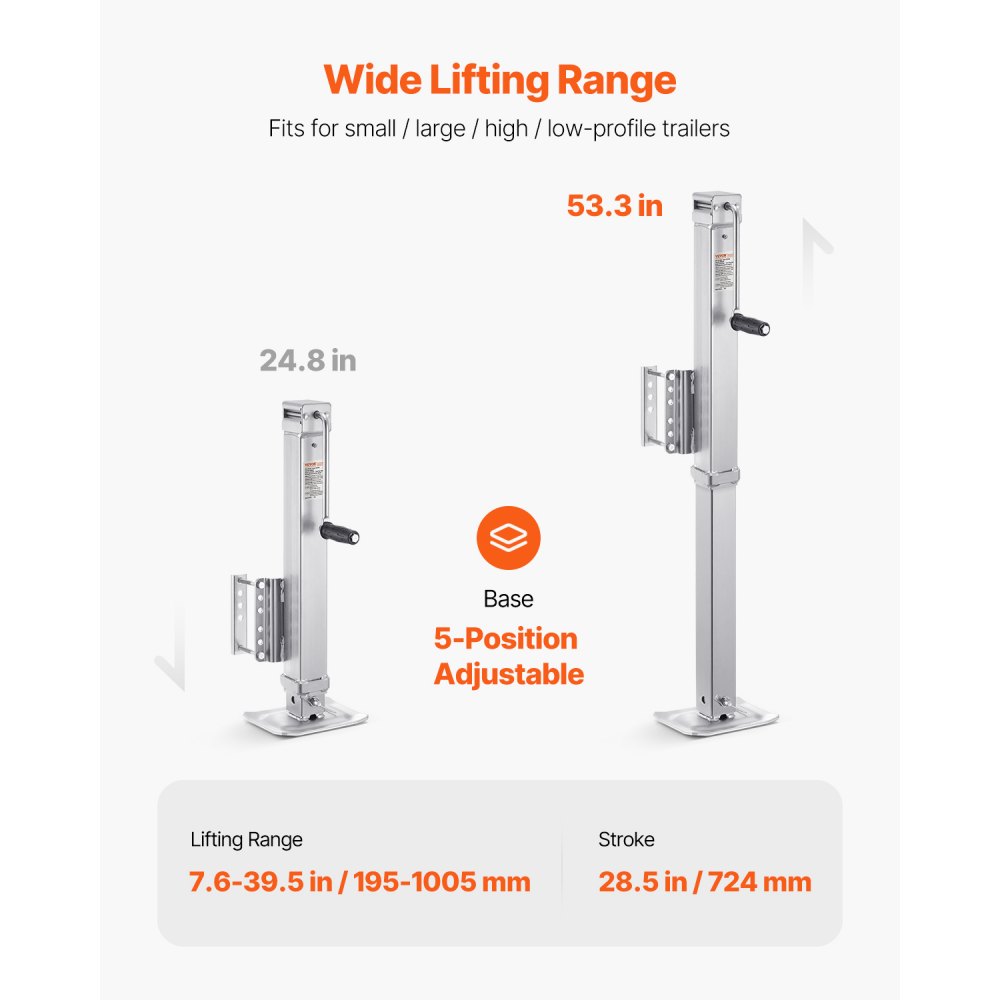VEVOR Gato para Remolque, Capacidad de Carga Estática de 3628 kg Gato para Remolque con Pernos Soporte de Elevación de 724 mm con Manija para Remolque de RV, Remolque para Yates, Remolque Utilitario