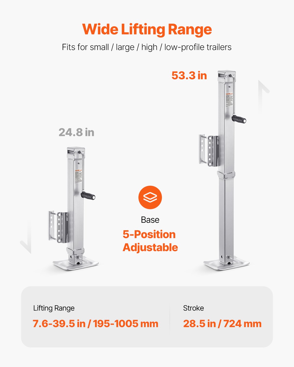 VEVOR Gato para Remolque, Capacidad de Carga Estática de 3628 kg Gato para Remolque con Pernos Soporte de Elevación de 724 mm con Manija para Remolque de RV, Remolque para Yates, Remolque Utilitario