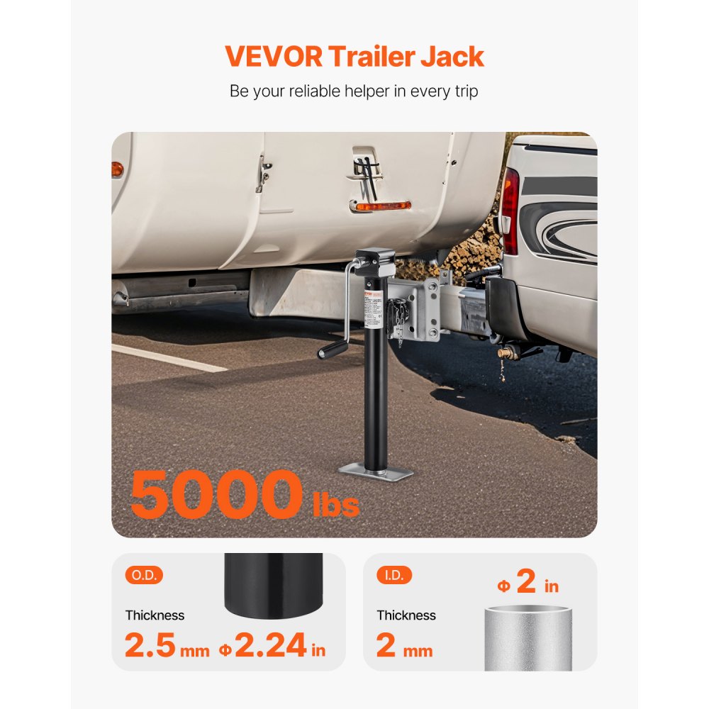 VEVOR Gato para Remolque, Capacidad de Carga Dinámica de 2267 kg, Gato para Remolque con Pernos Soporte de Elevación de 365 mm con Manija para Remolque de RV, Remolque para Yates, Remolque Utilitario