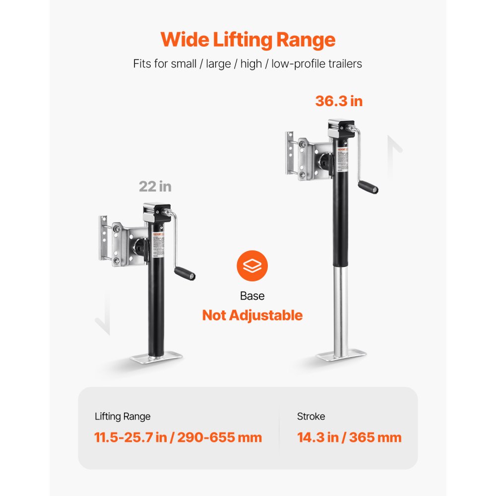 VEVOR Gato para Remolque, Capacidad de Carga Dinámica de 2267 kg, Gato para Remolque con Pernos Soporte de Elevación de 365 mm con Manija para Remolque de RV, Remolque para Yates, Remolque Utilitario