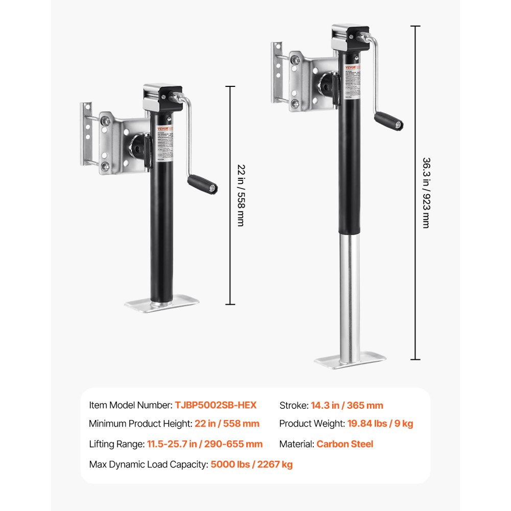 VEVOR Gato para Remolque, Capacidad de Carga Dinámica de 2267 kg, Gato para Remolque con Pernos Soporte de Elevación de 365 mm con Manija para Remolque de RV, Remolque para Yates, Remolque Utilitario