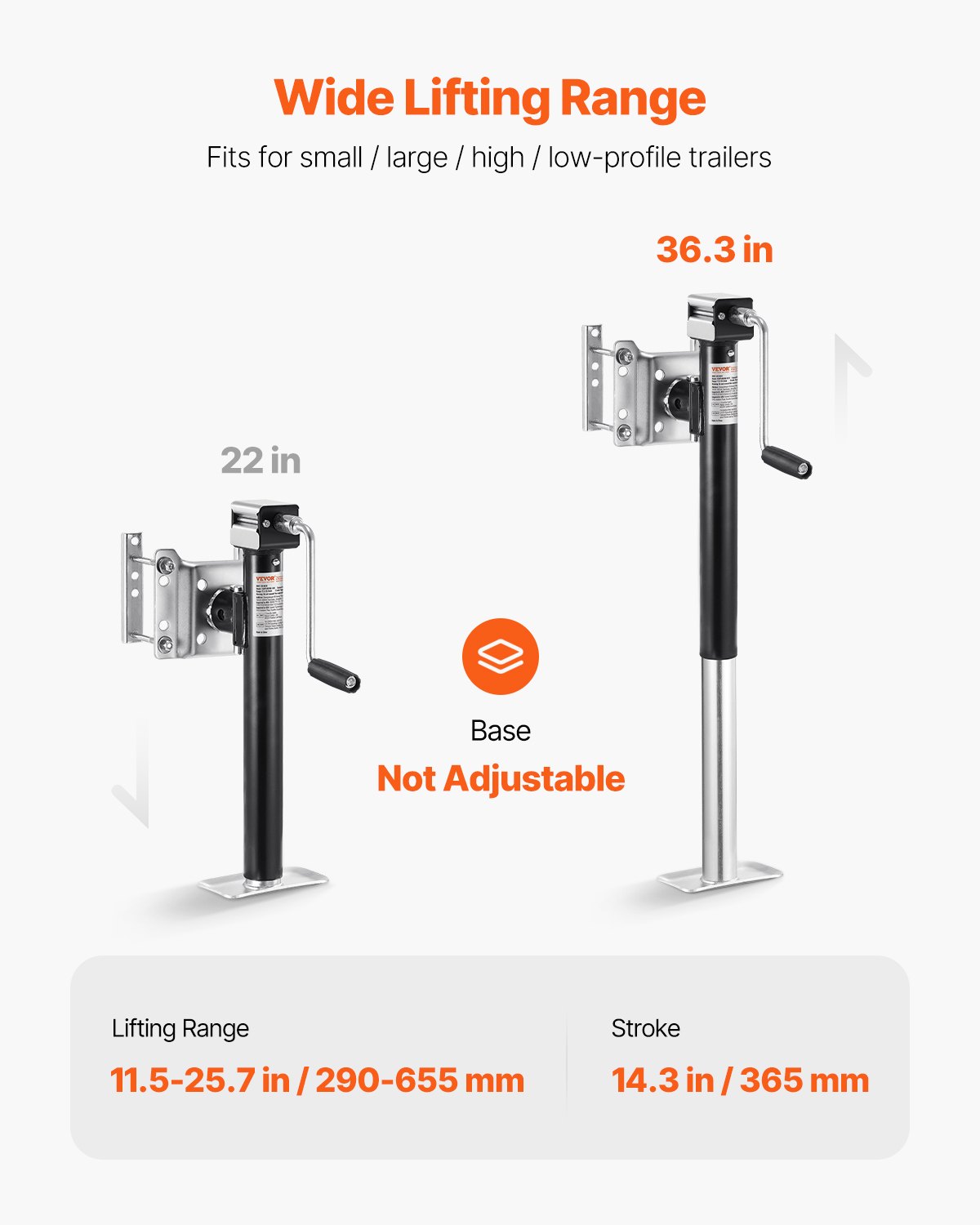 VEVOR Gato para Remolque, Capacidad de Carga Dinámica de 2267 kg, Gato para Remolque con Pernos Soporte de Elevación de 365 mm con Manija para Remolque de RV, Remolque para Yates, Remolque Utilitario