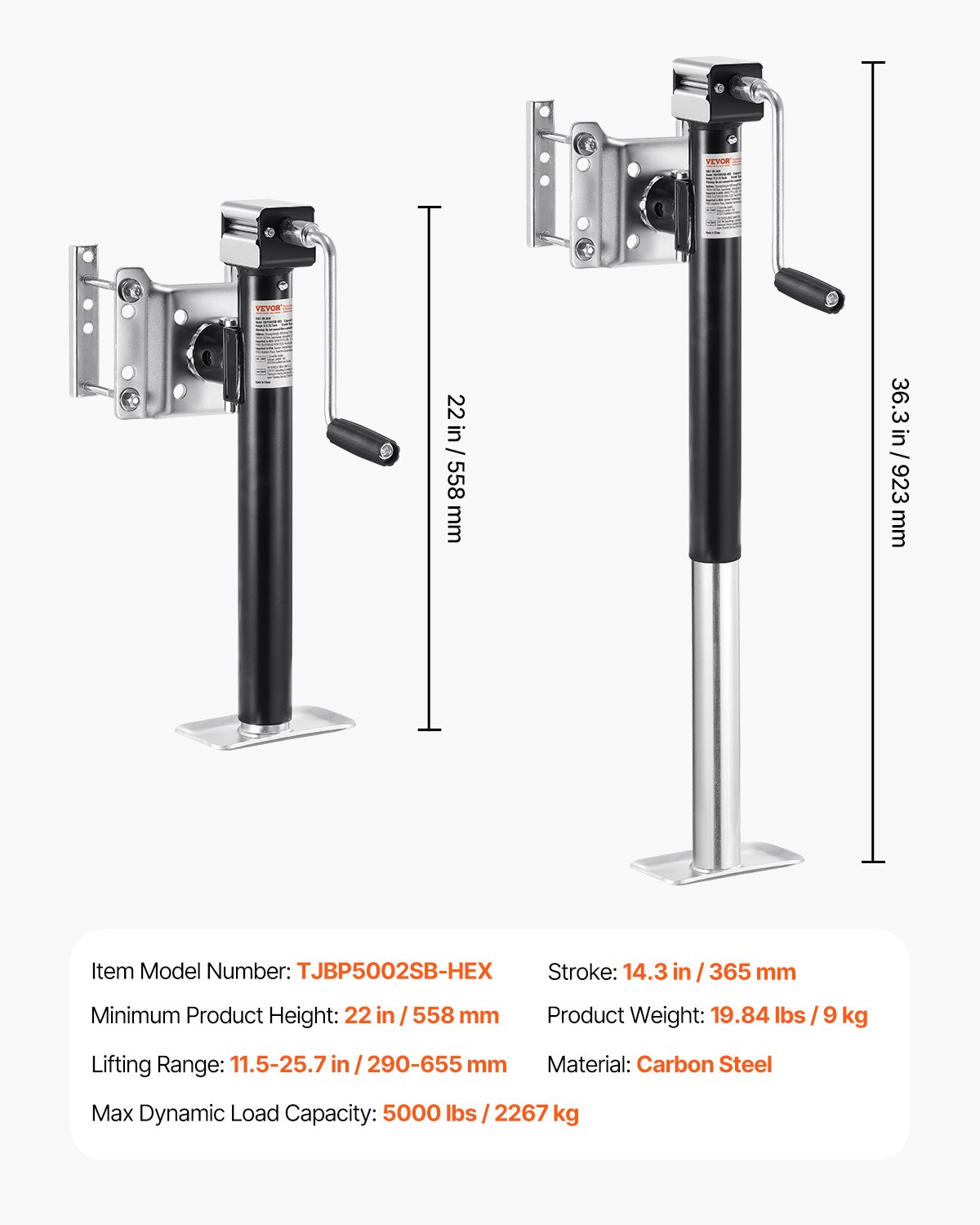 VEVOR Gato para Remolque, Capacidad de Carga Dinámica de 2267 kg, Gato para Remolque con Pernos Soporte de Elevación de 365 mm con Manija para Remolque de RV, Remolque para Yates, Remolque Utilitario