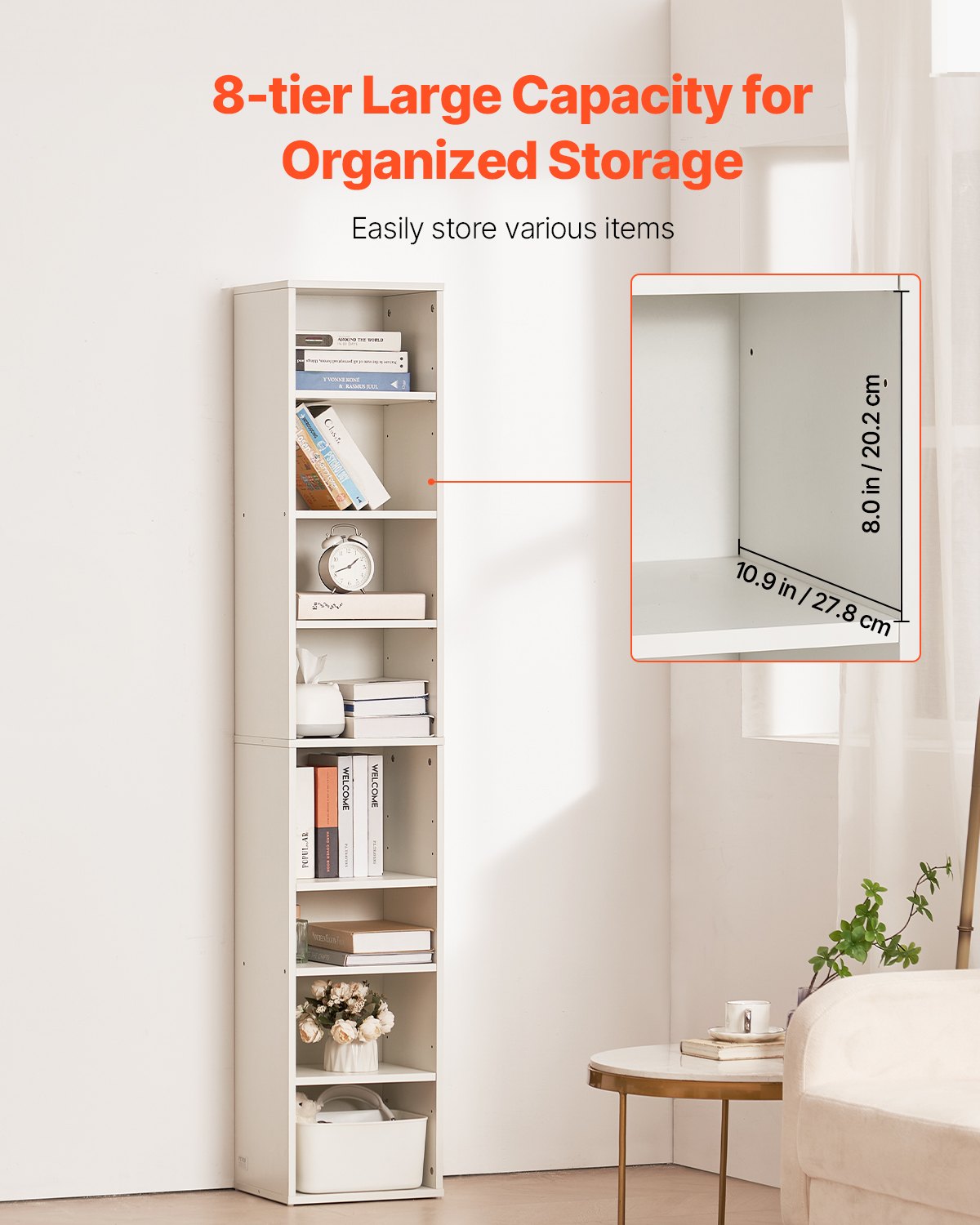 VEVOR Estantería Estrecha de 8 Niveles de 33 x 30 x 180 cm, Estantería Abierta de Madera con Estantes de Altura Ajustable, Estantería de Piso de Exhibición Alta para Biblioteca, Oficina, Blanco