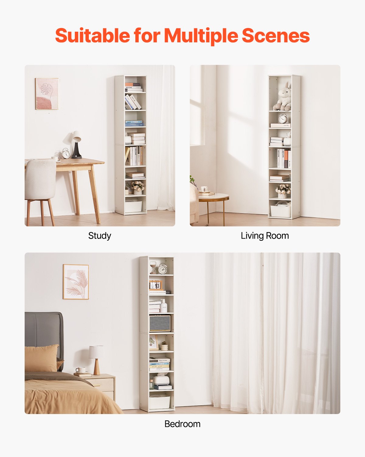 VEVOR Estantería Estrecha de 8 Niveles de 33 x 30 x 180 cm, Estantería Abierta de Madera con Estantes de Altura Ajustable, Estantería de Piso de Exhibición Alta para Biblioteca, Oficina, Blanco