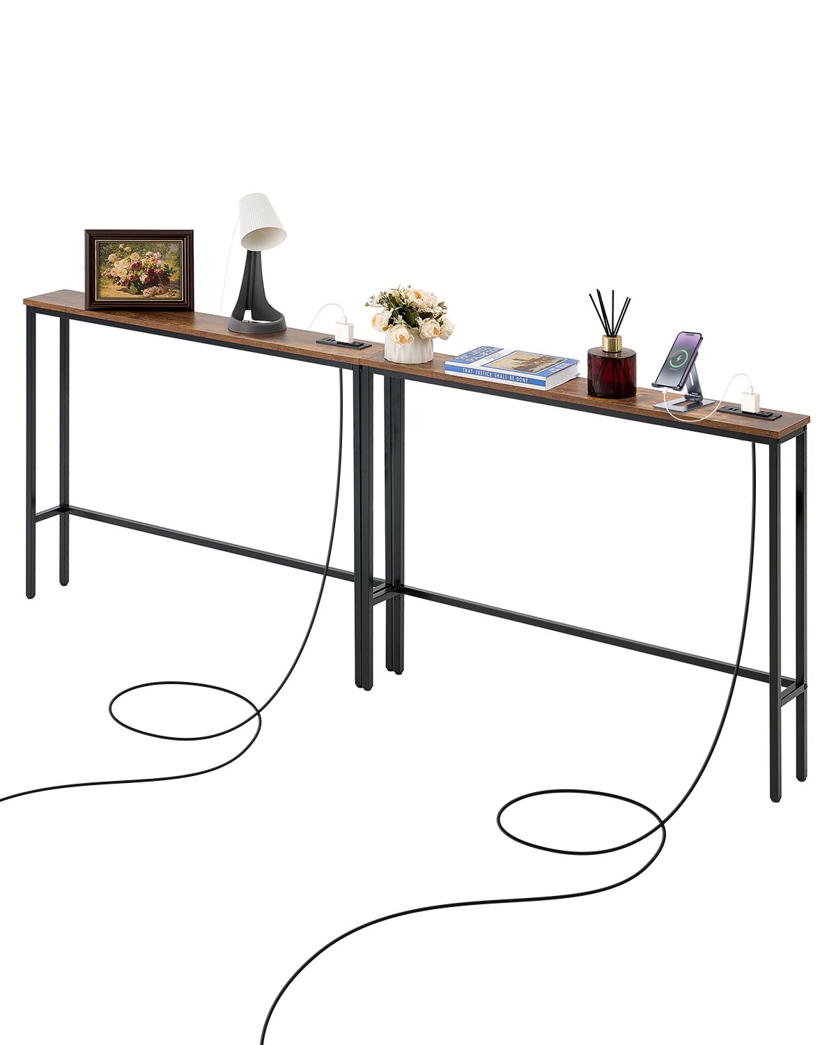 VEVOR Mesa de Consola Estrecha de 1 Nivel para Sofá, Juego de Mesa Consola de 2 Piezas 200 x 15 x 80 cm con Tomas de Corriente, Estructura de Metal y Estación de Carga, para Pasillo, Sala de Estar