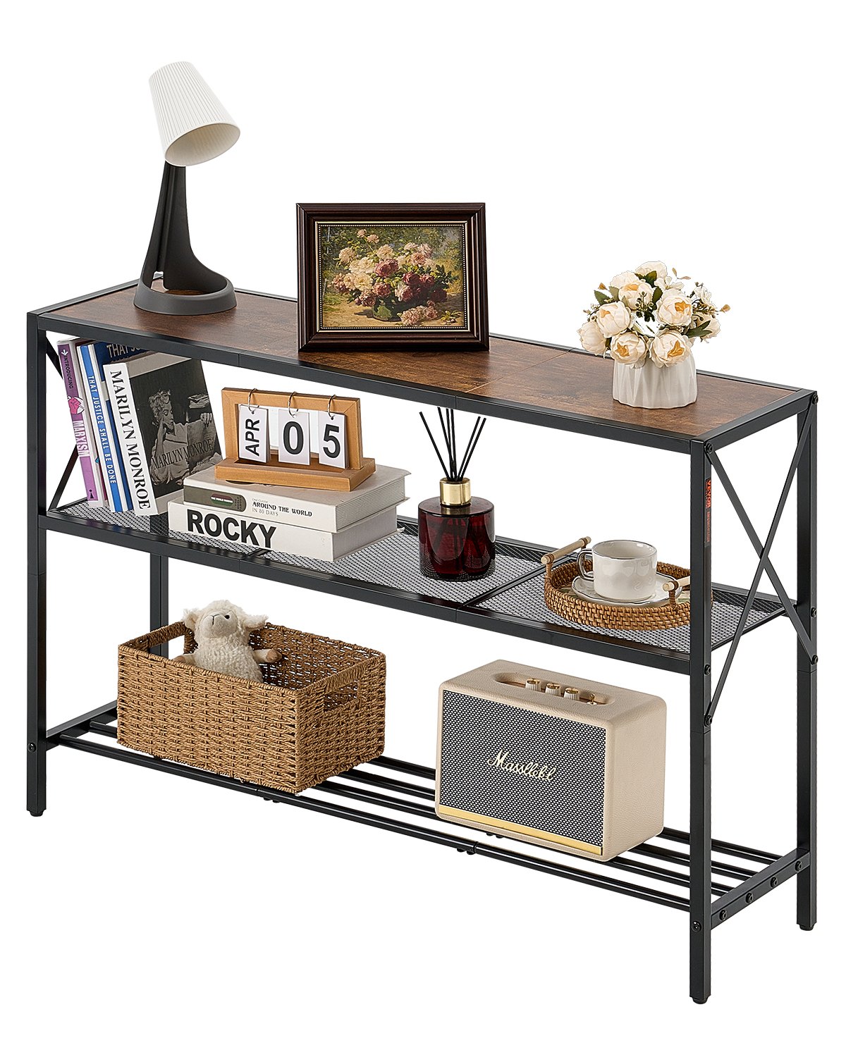 VEVOR Mesa de Consola Estrecha para Sofá, 106 x 29,5 x 73,5 cm, Mesa de Consola Estrecha de 3 Niveles, Mesa de Sofá Estrecha con Marco de Metal, para Entrada, Pasillo, Sala de Estar, Marrón y Negro
