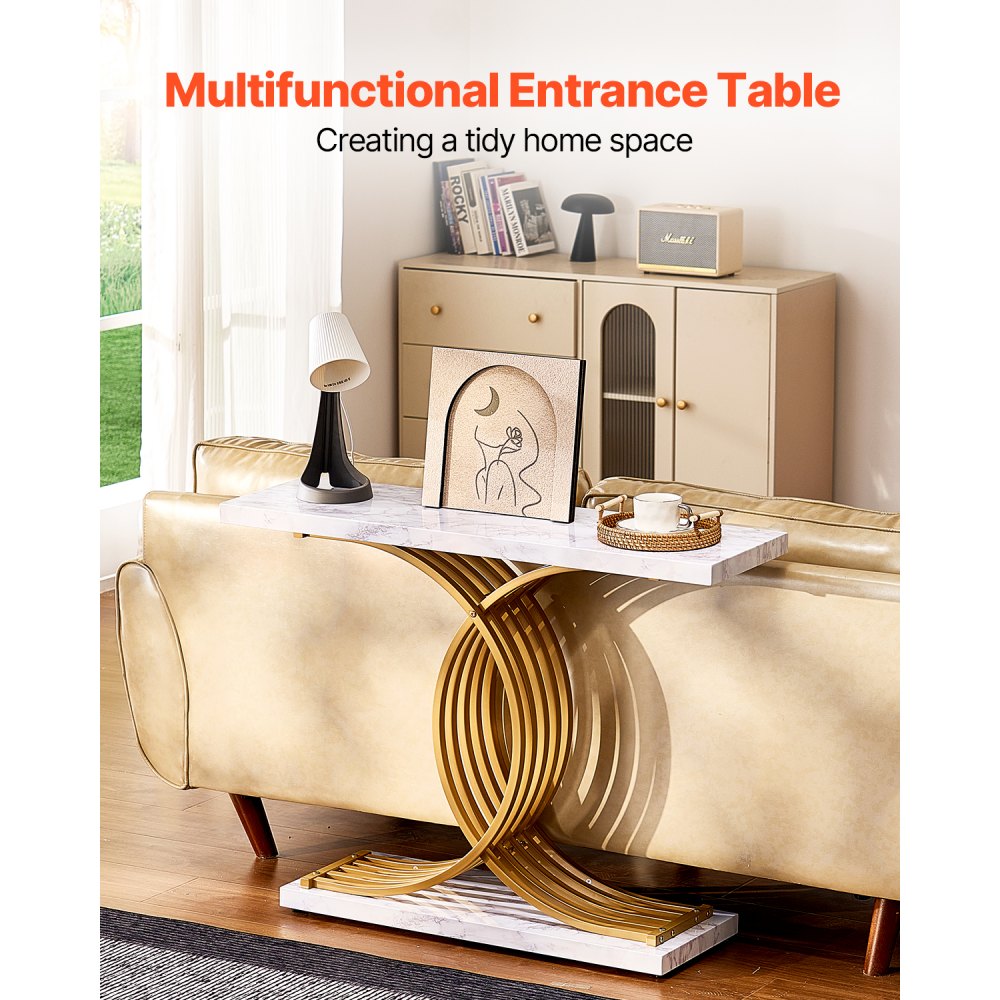 VEVOR Mesa de Consola Estrecha para Sofá, 100 x 30 x 81 cm, Mesa de Consola Estrecha de 1 Nivel, Mesa de Sofá Estrecha con Marco de Metal, para Entrada, Pasillo, Sala de Estar, Mármol Falso Blanco