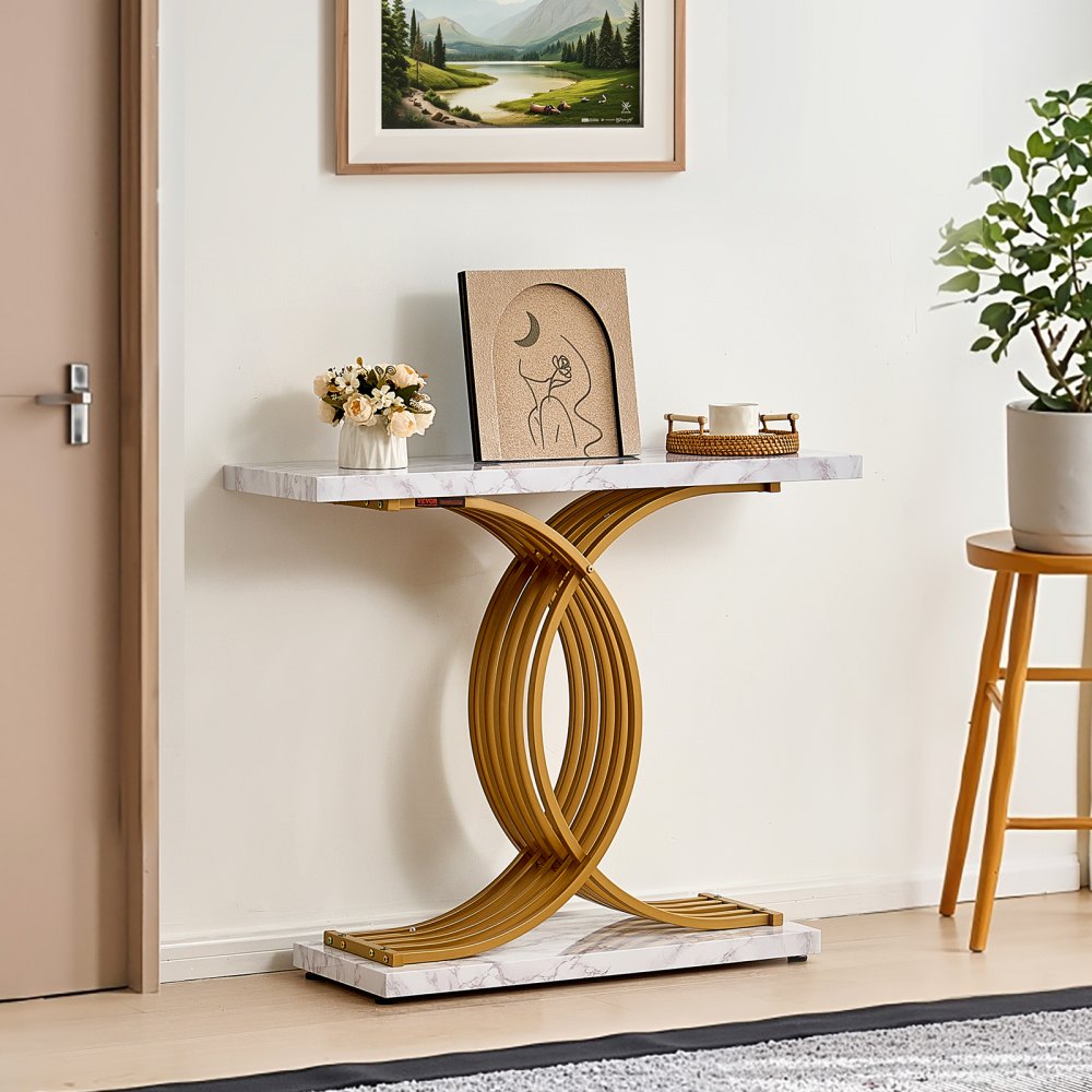 VEVOR Mesa de Consola Estrecha para Sofá, 100 x 30 x 81 cm, Mesa de Consola Estrecha de 1 Nivel, Mesa de Sofá Estrecha con Marco de Metal, para Entrada, Pasillo, Sala de Estar, Mármol Falso Blanco