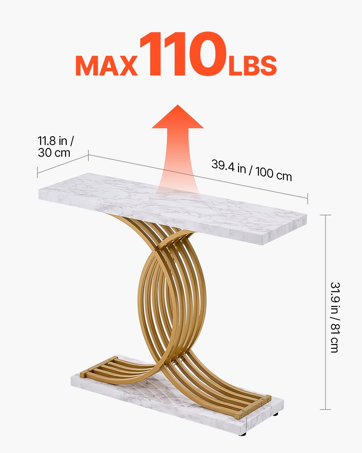 VEVOR Mesa de Consola Estrecha para Sofá, 100 x 30 x 81 cm, Mesa de Consola Estrecha de 1 Nivel, Mesa de Sofá Estrecha con Marco de Metal, para Entrada, Pasillo, Sala de Estar, Mármol Falso Blanco