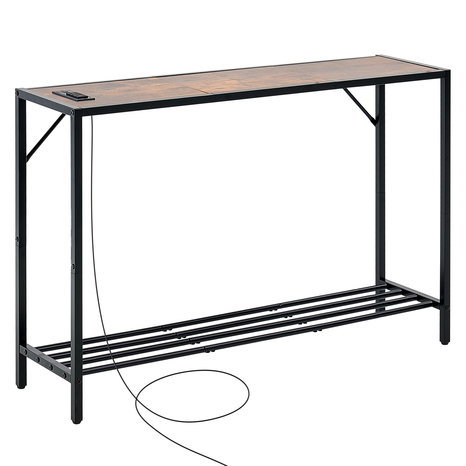 VEVOR Mesa de Consola Estrecha para Sofá, Mesa de Entrada Larga de 2 Niveles 106 x 29,5 x 73,5 cm con Tomas de Corriente, Estructura de Metal y Estación de Carga, para Entrada, Marrón y Negro
