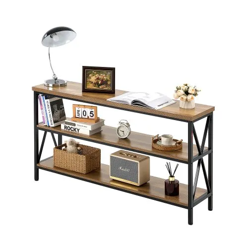 VEVOR Mesa de Consola Estrecha para Sofá, 140 x 34 x 76,2 cm, Mesa de Entrada Larga de 3 Niveles, Mesa de Sofá Estrecha con Marco de Metal, para Entrada, Pasillo, Sala de Estar, Marrón y Negro