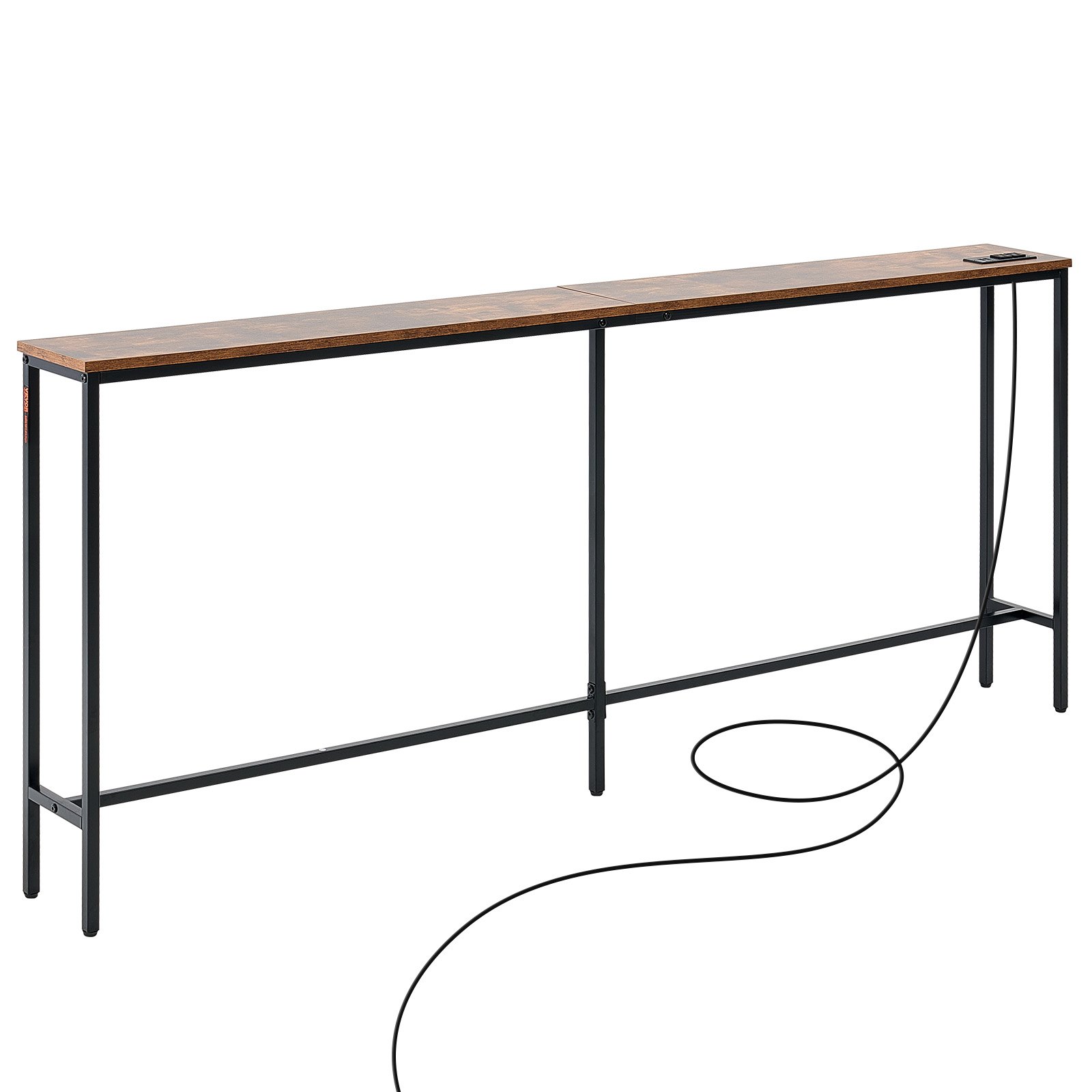 VEVOR Mesa de Consola Estrecha para Sofá, 180 x 20 x 80 cm, Mesa de Entrada Larga de 1 Nivel con Tomas de Corriente, Estructura de Metal y Estación de Carga, para entrada, pasillo, Marrón y Negro